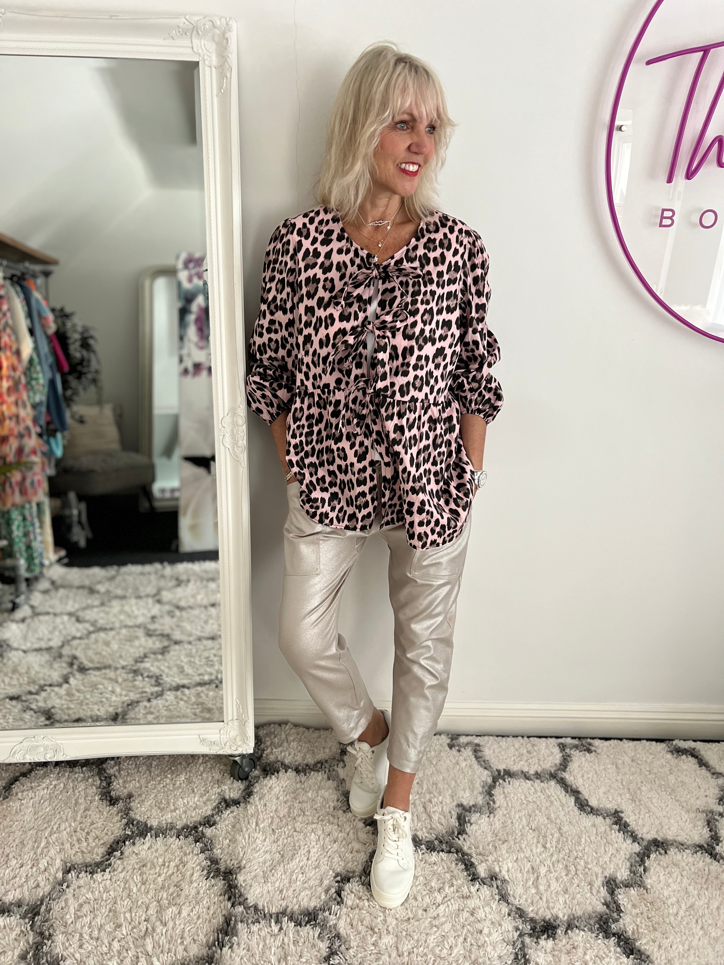 Leopard Tie Front Blouse in Pink