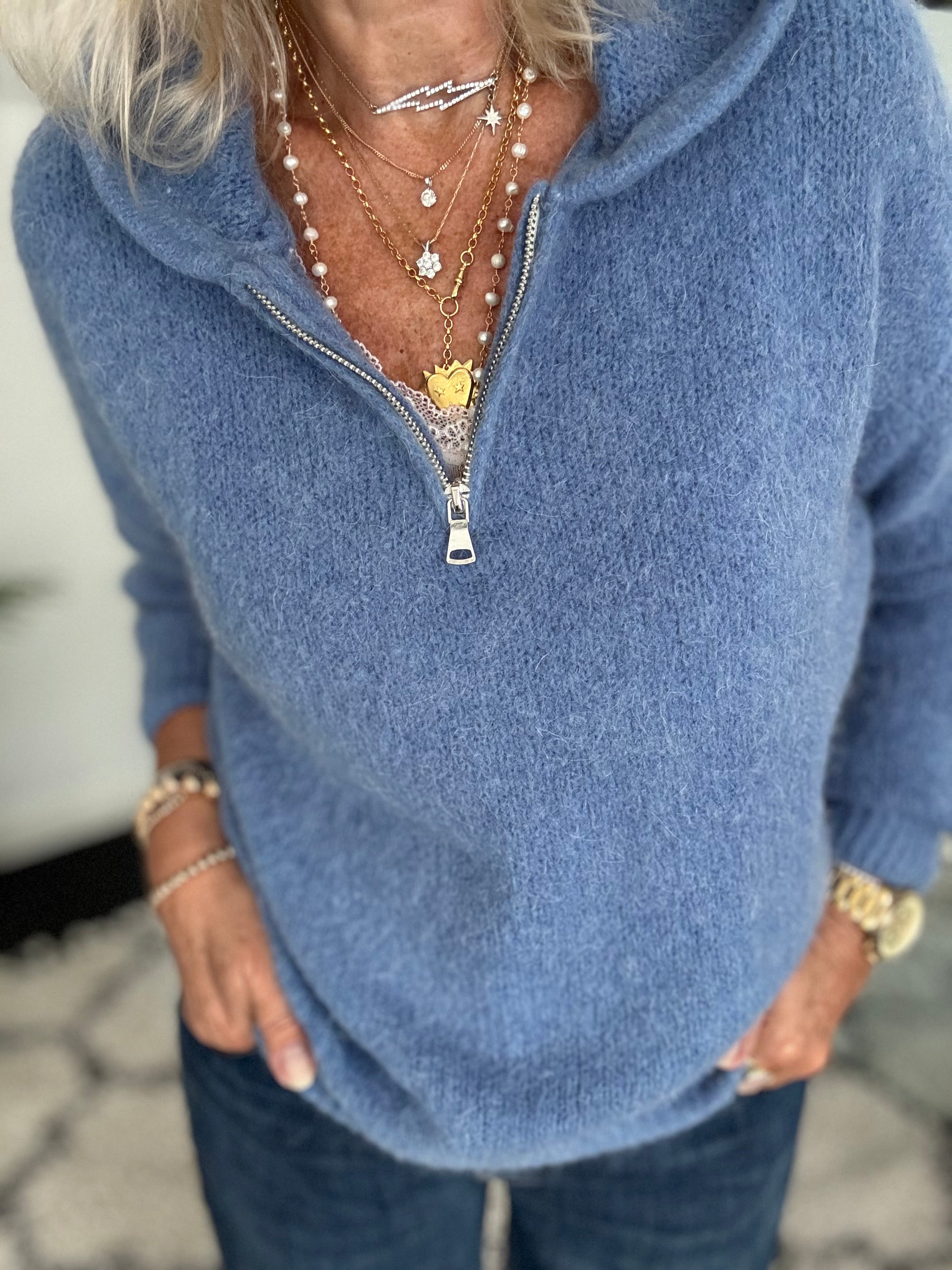 Hooded Mohair Jumper in Denim Blue