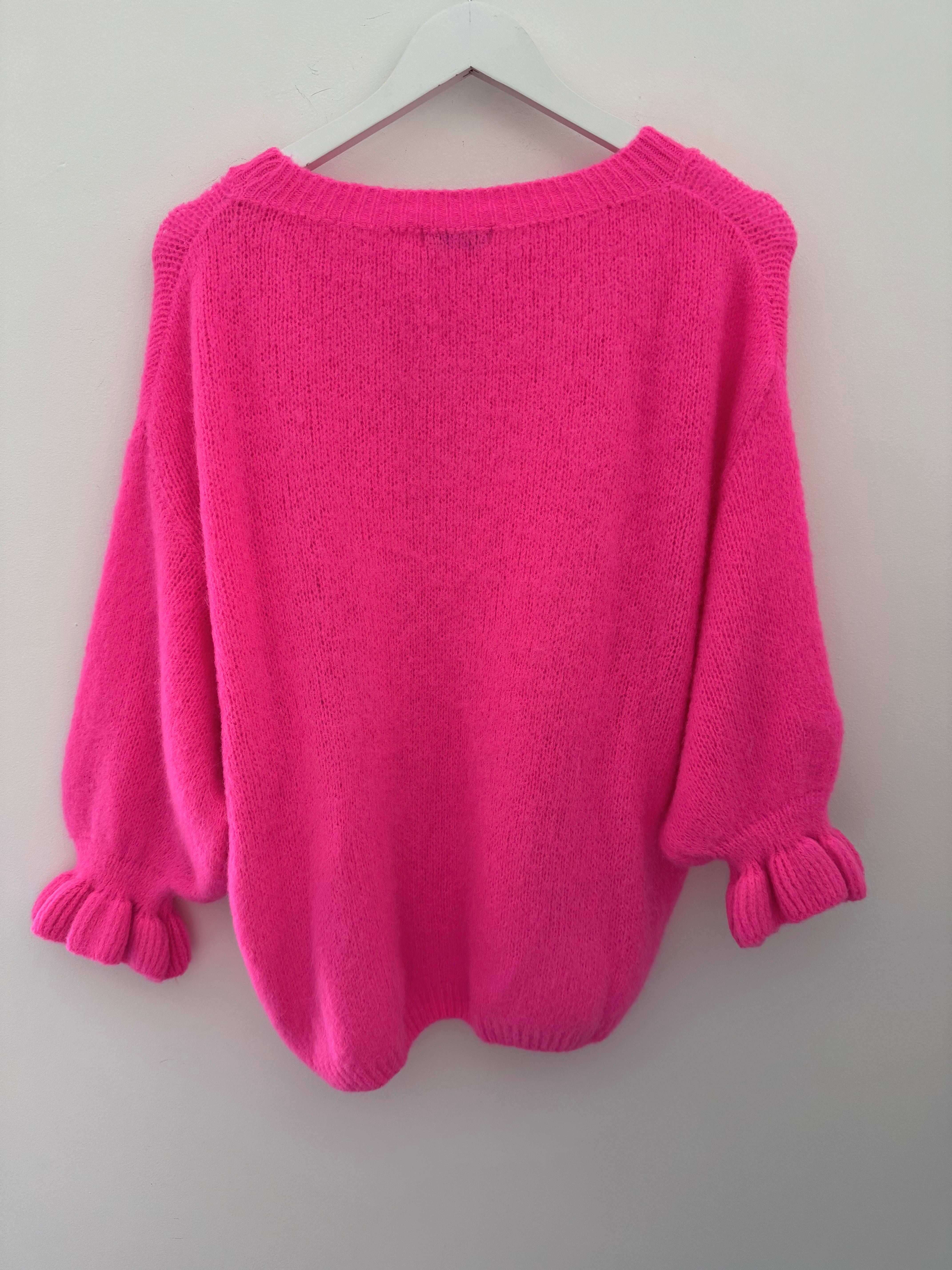 Alpaca Jumper with Frill Cuffs in Neon Pink