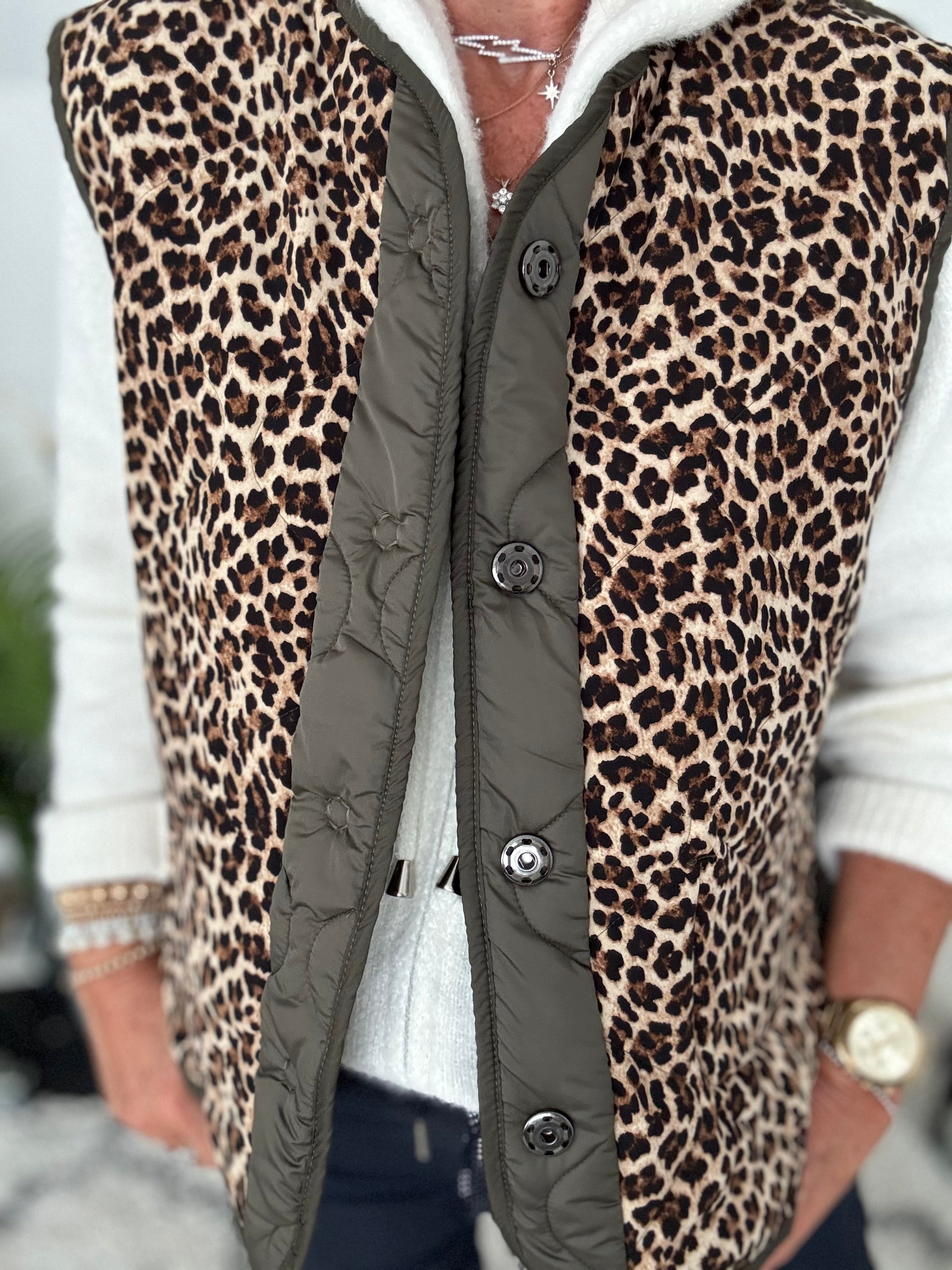 Reversible Quilted Gilet in Khaki & Leopard