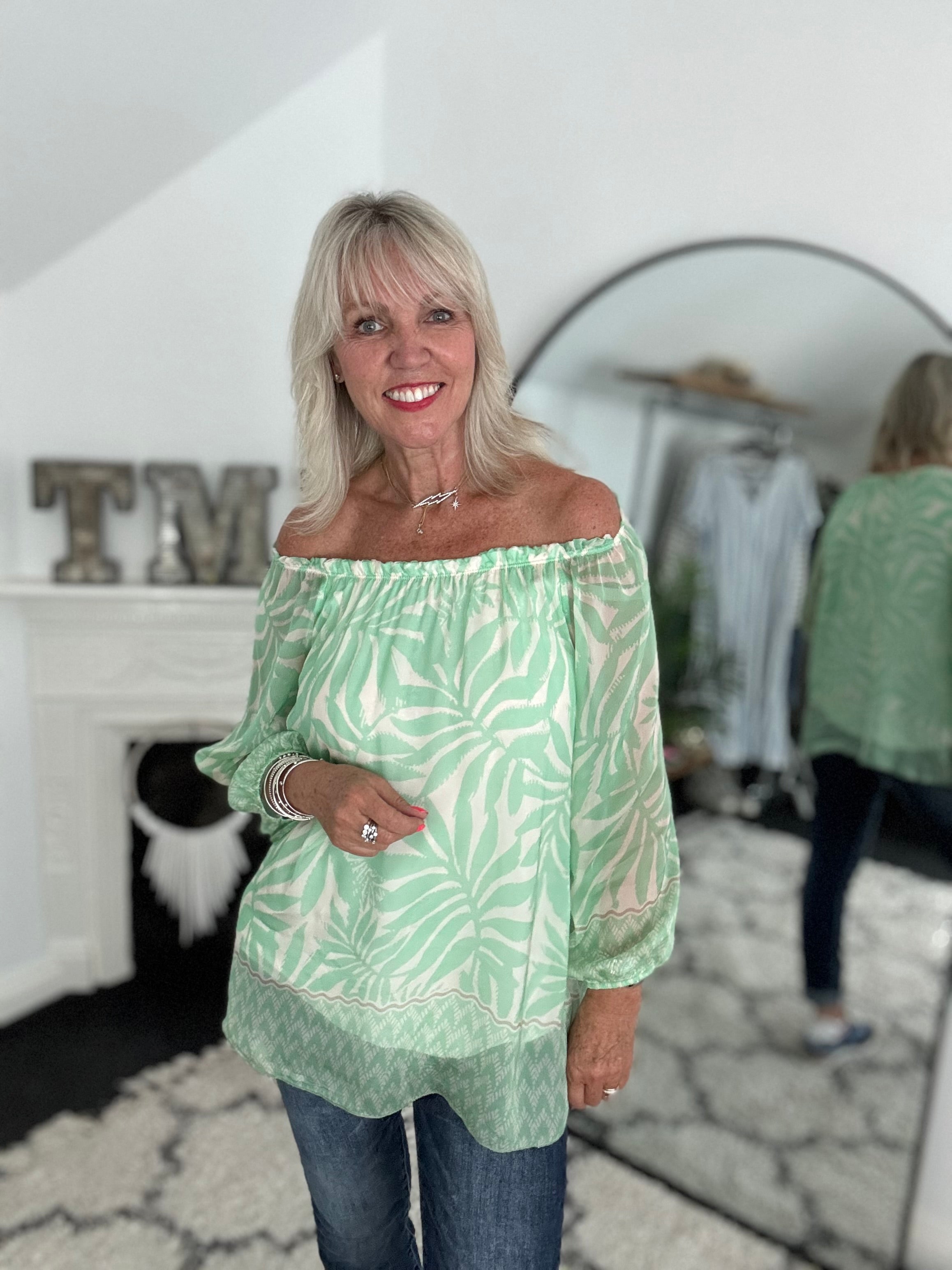 Silk Top in Mint & Ivory