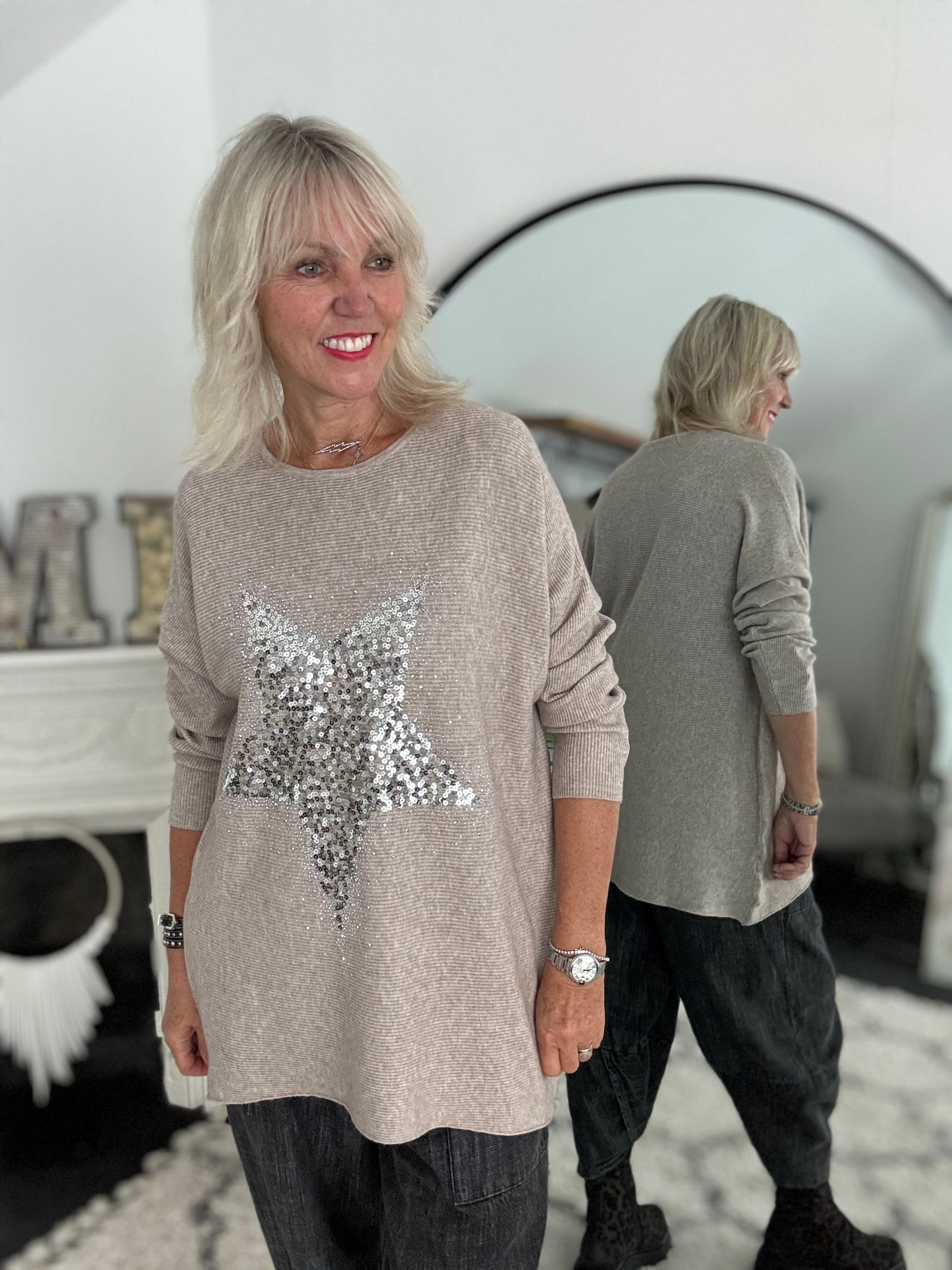 Ribbed Sequin Star Jumper in Stone