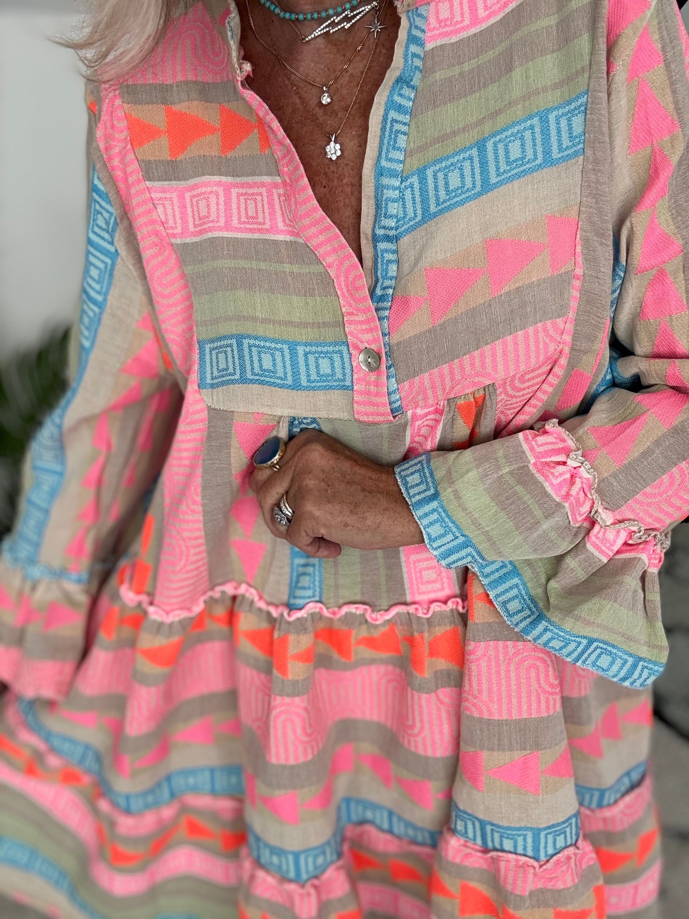 Embroidered Knee Length Dress in Khaki & Pink
