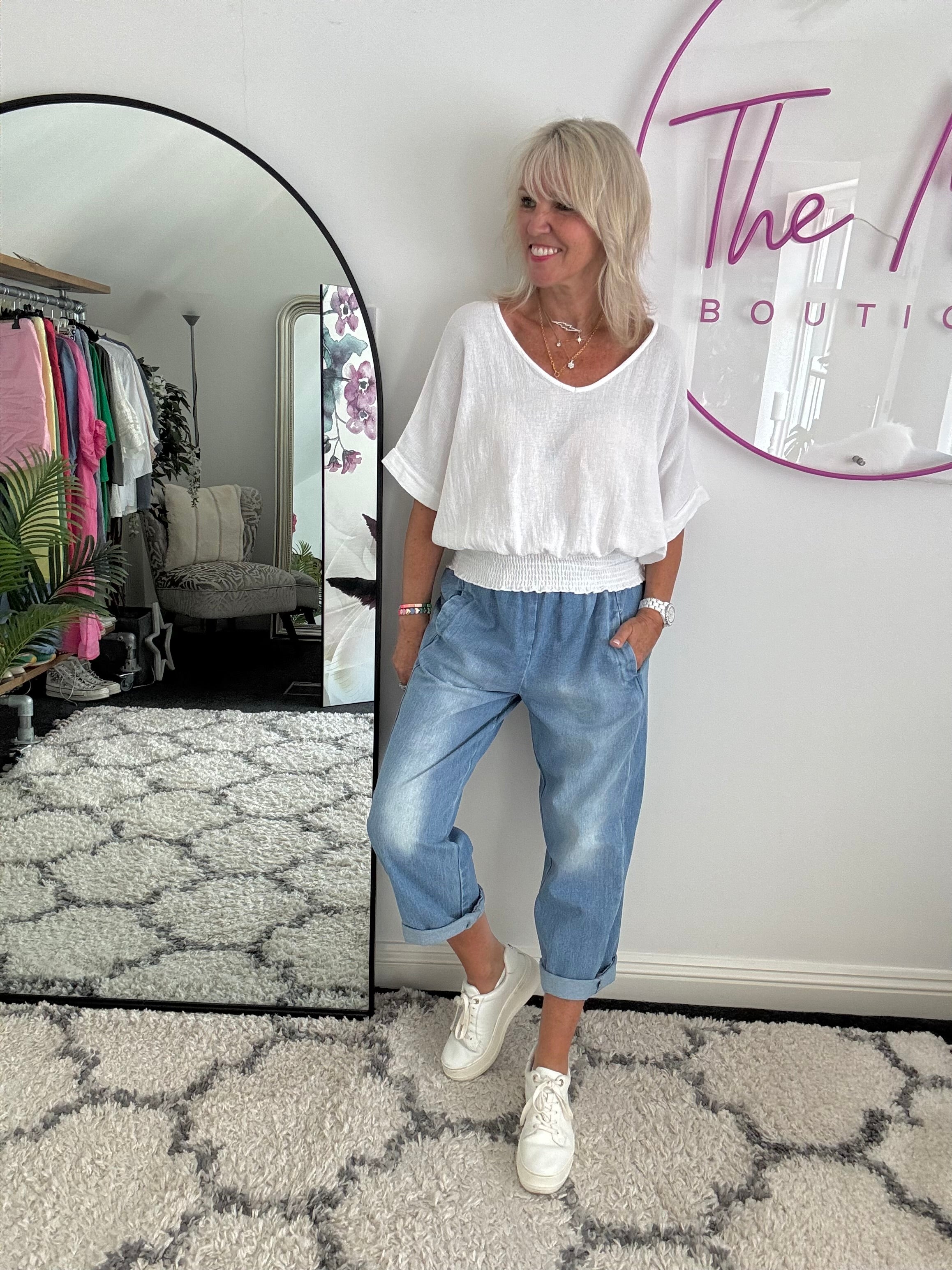 Linen & Cotton Top with Shirred Waist in White