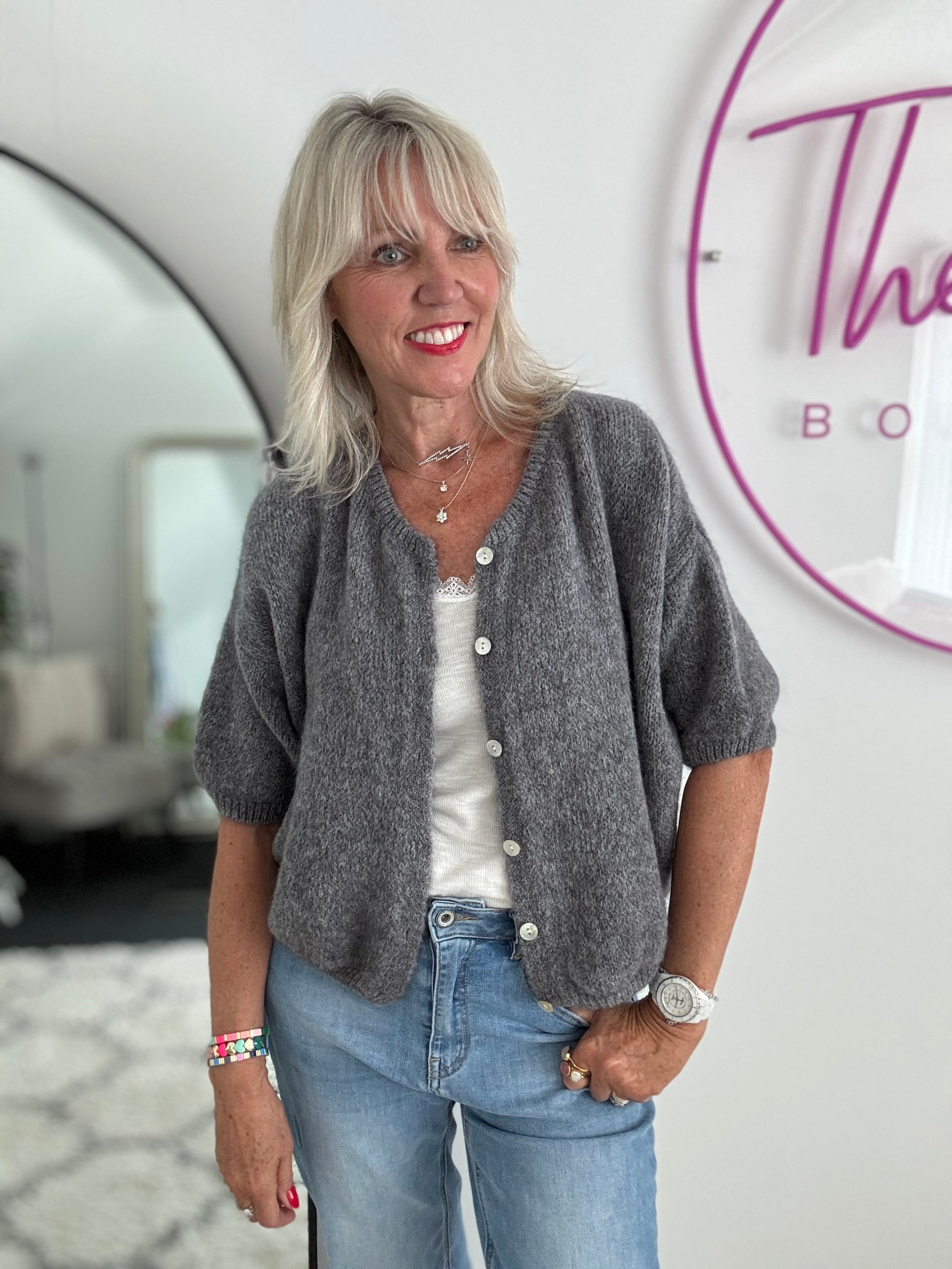 Cropped Sleeve Buttoned Cardi in Soft Charcoal