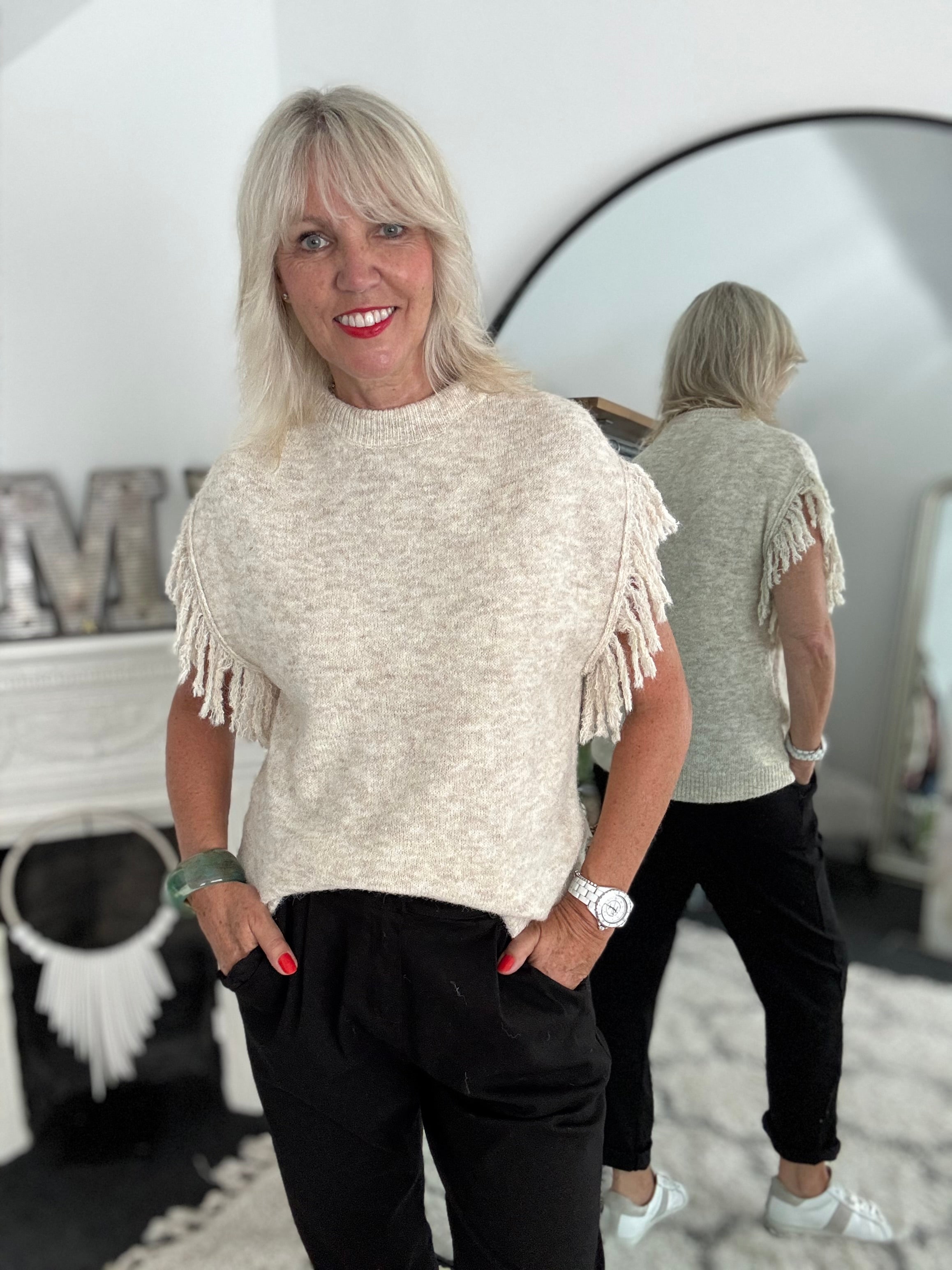 Stone Marl Knit with Fringe Detailing