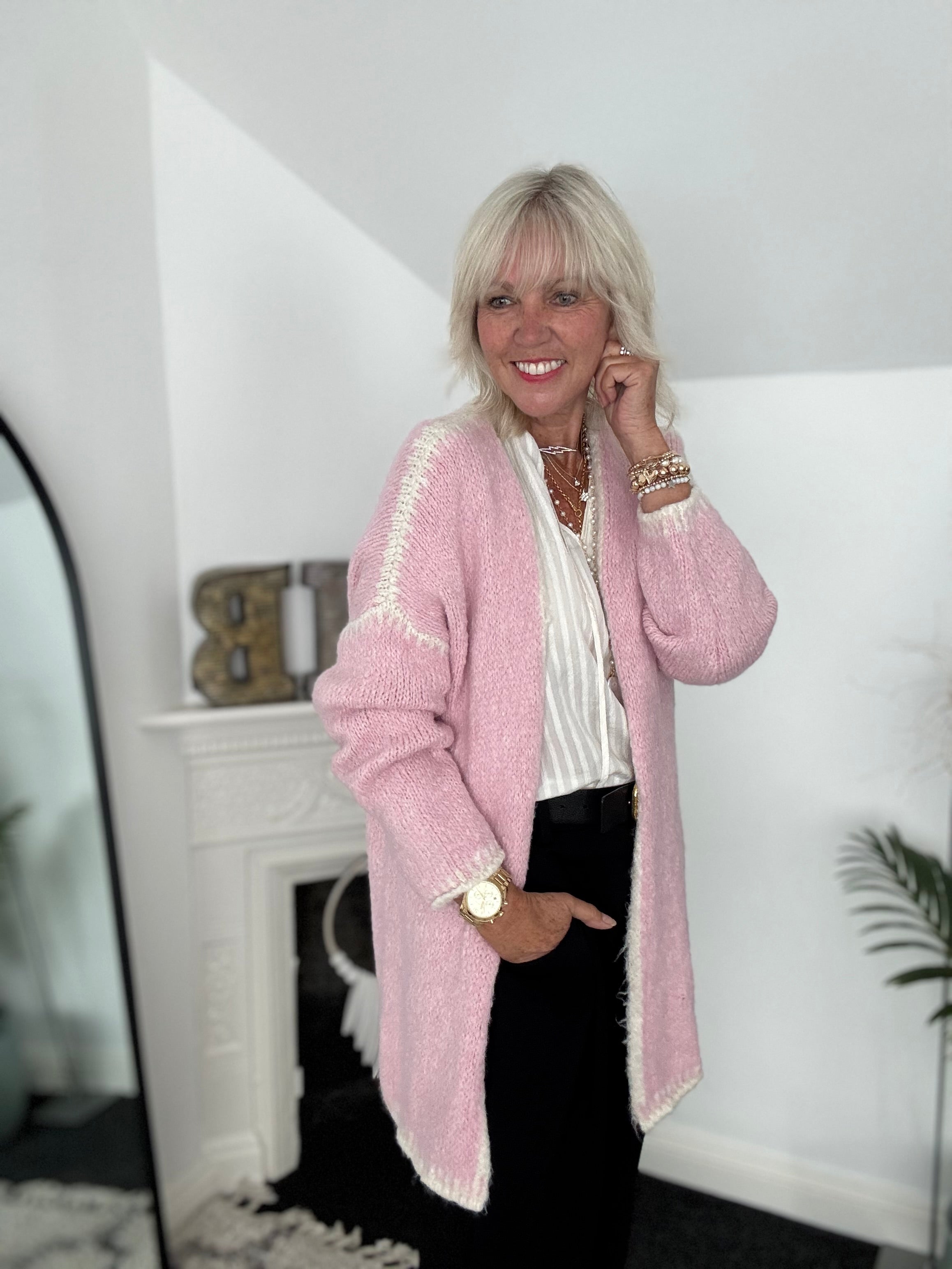 Whip Stitch Cardi in Pink & Ivory