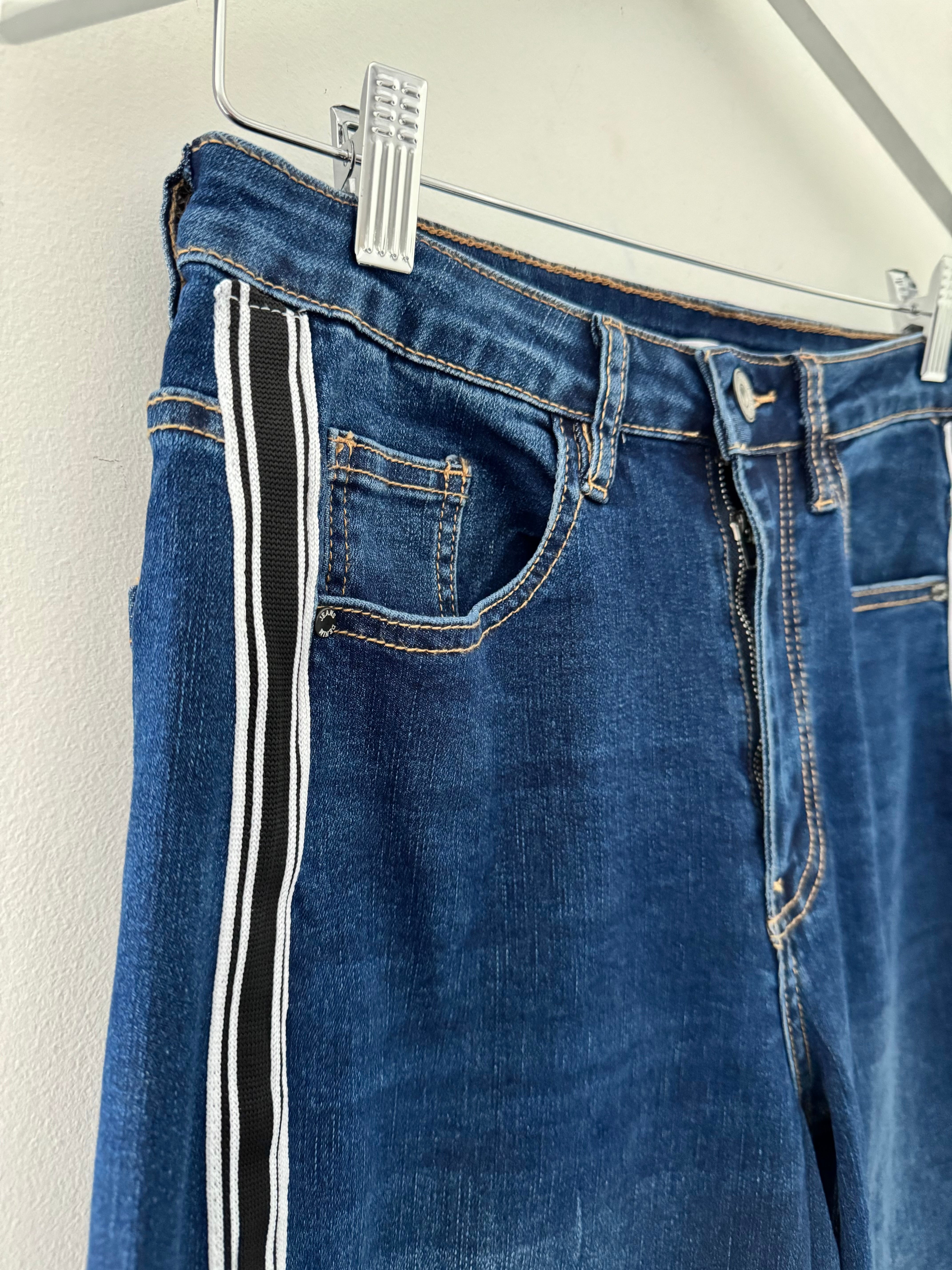 Stretch Flared Jeans with Side Stripes in Dark Denim