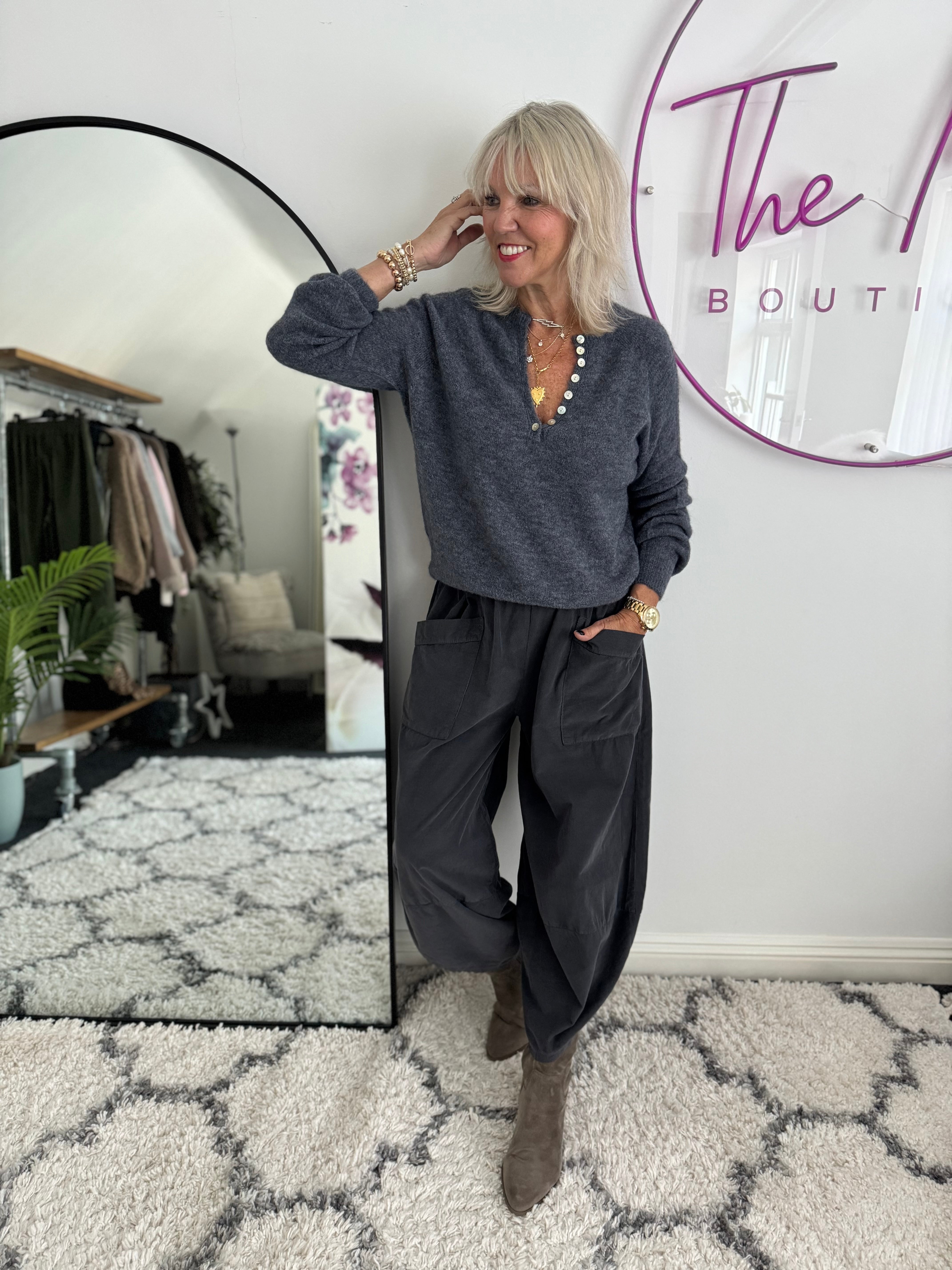 Cord Barrel Leg Trousers in Charcoal