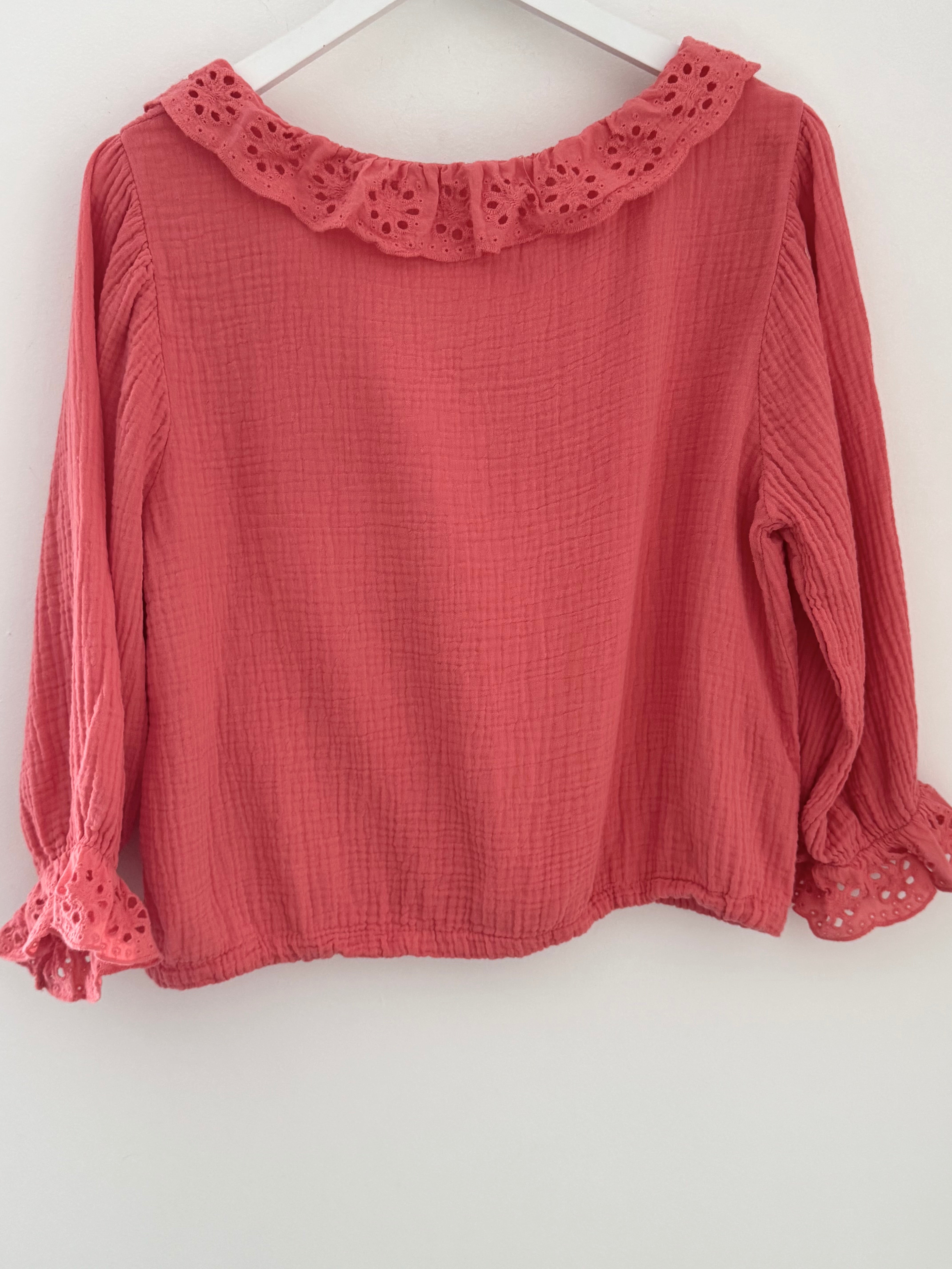 Cheesecloth Blouse with Broderie Collar in Coral