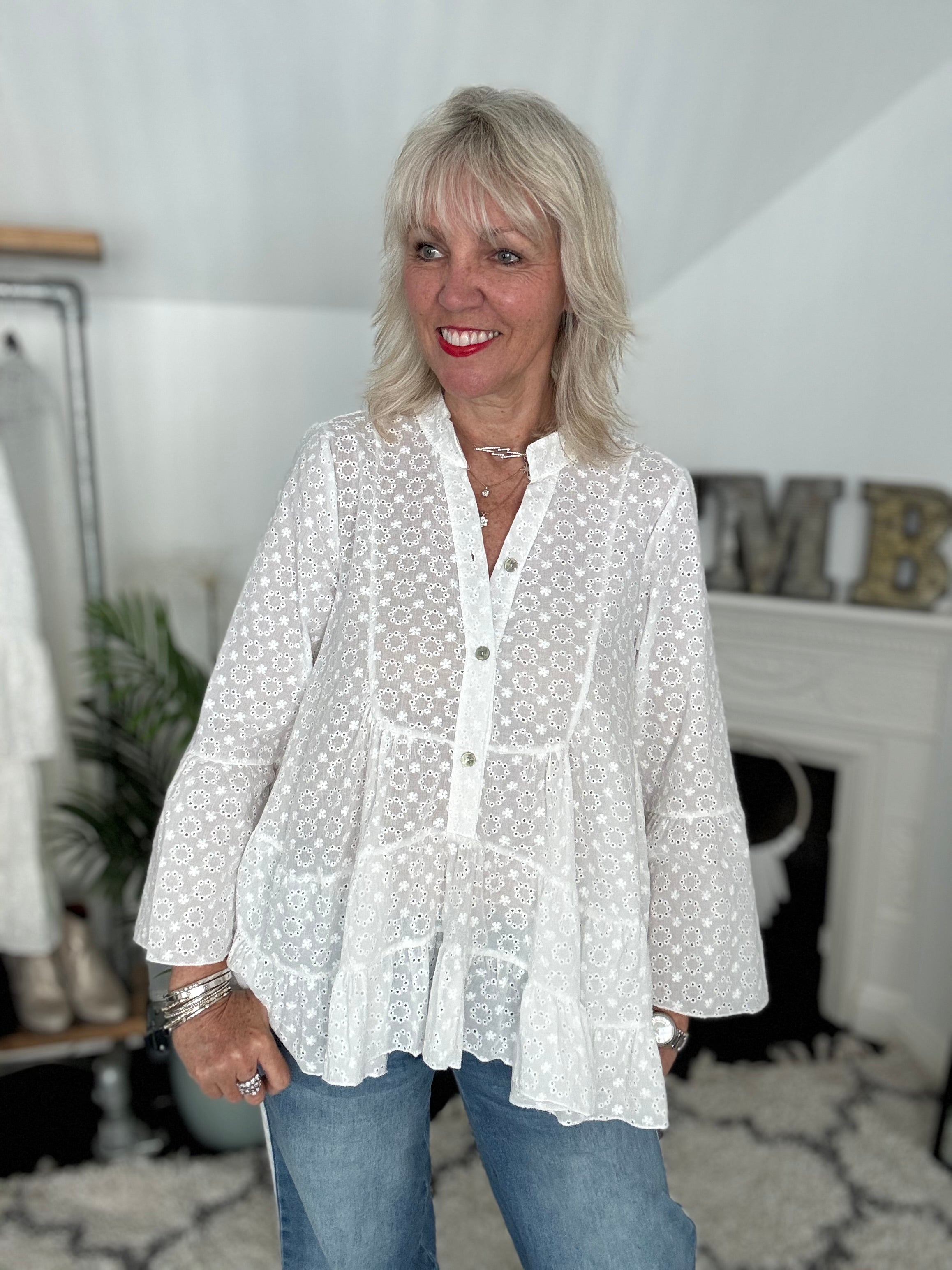 Tiered Broderie Anglaise Blouse in White