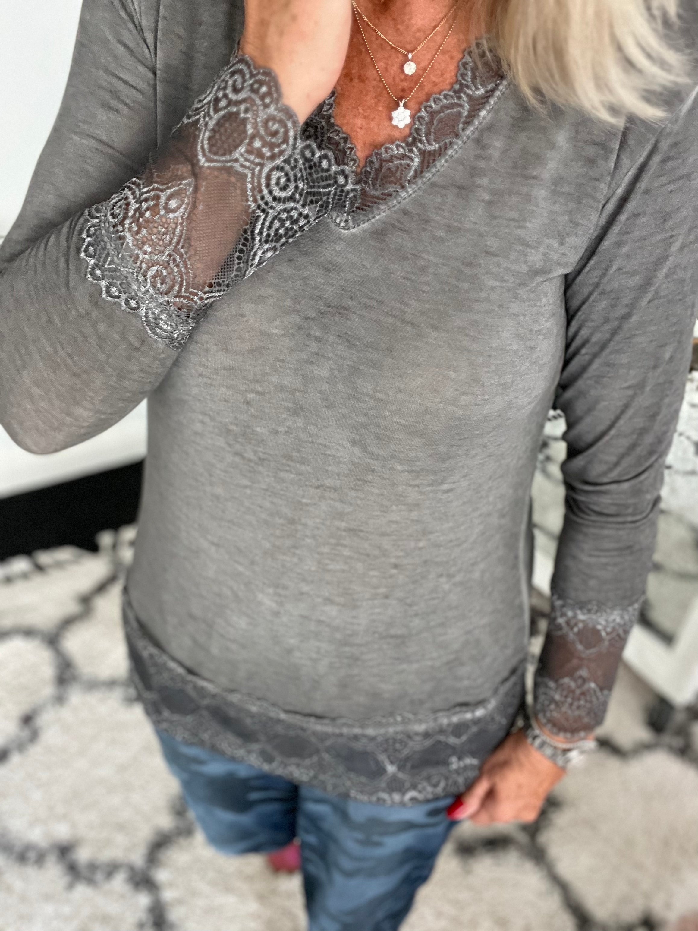 Luxe Base Top with Lace Trim in Charcoal