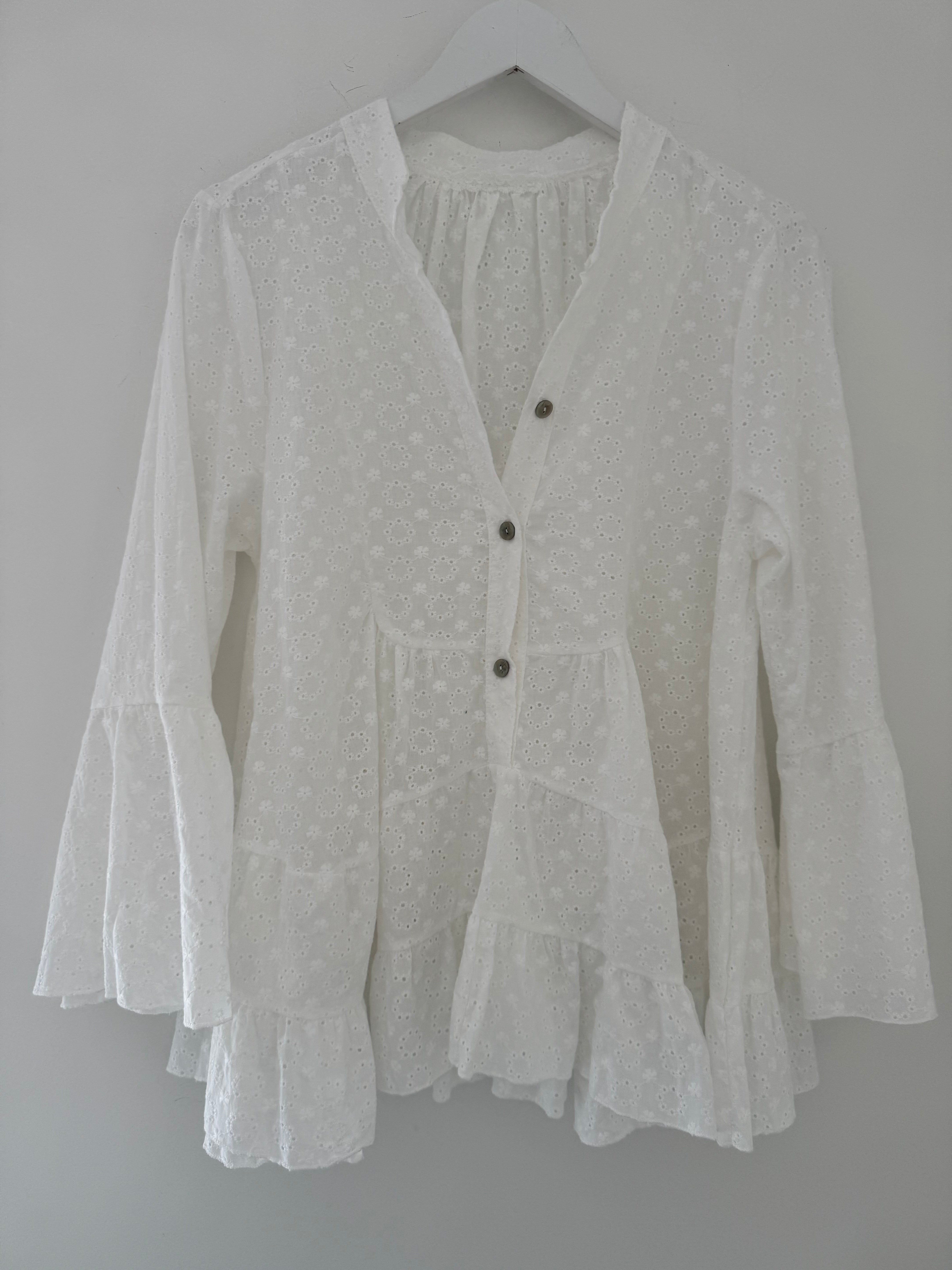 Tiered Broderie Anglaise Blouse in White