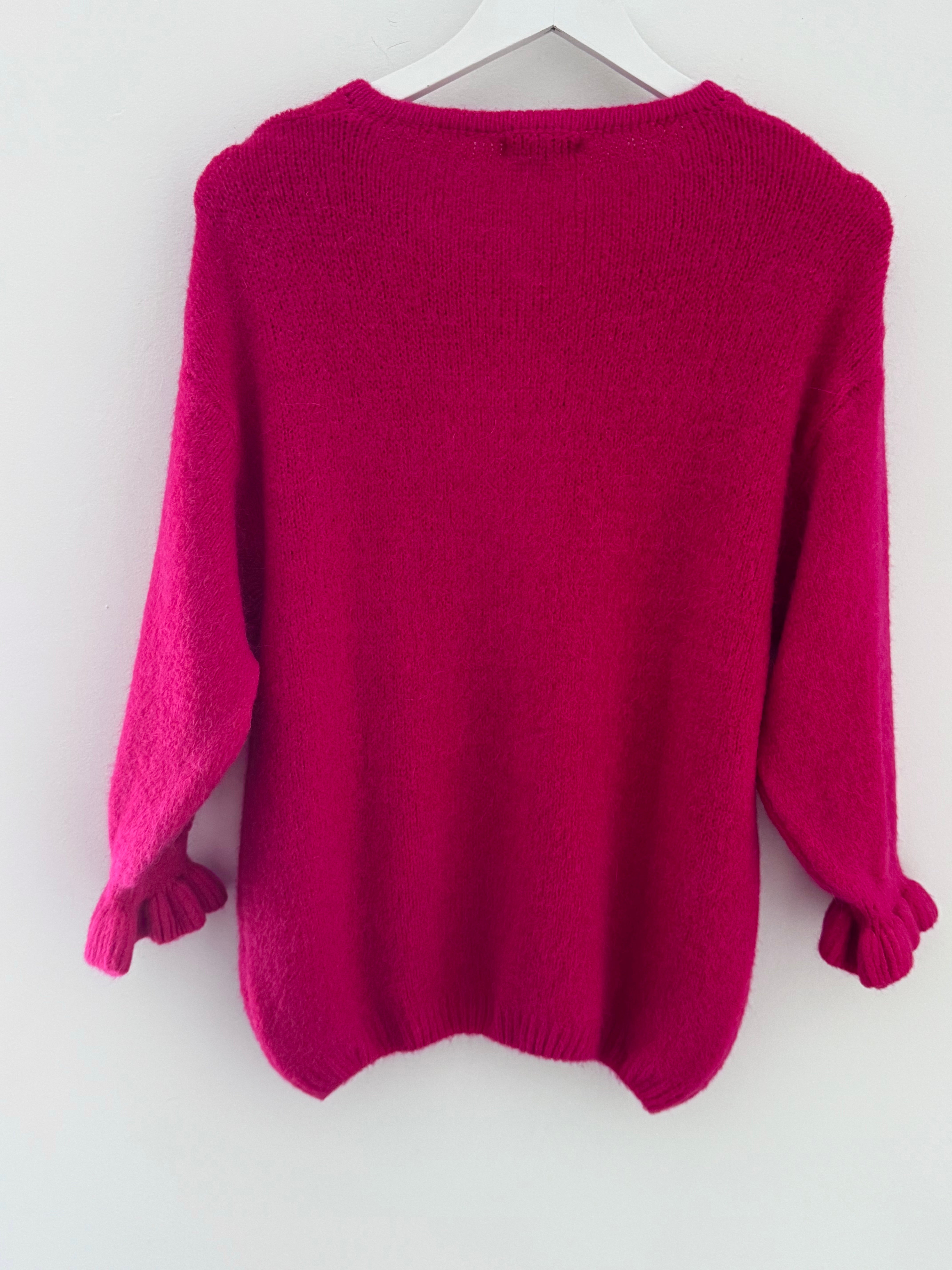 Alpaca Cardi with Frill Cuffs in Raspberry