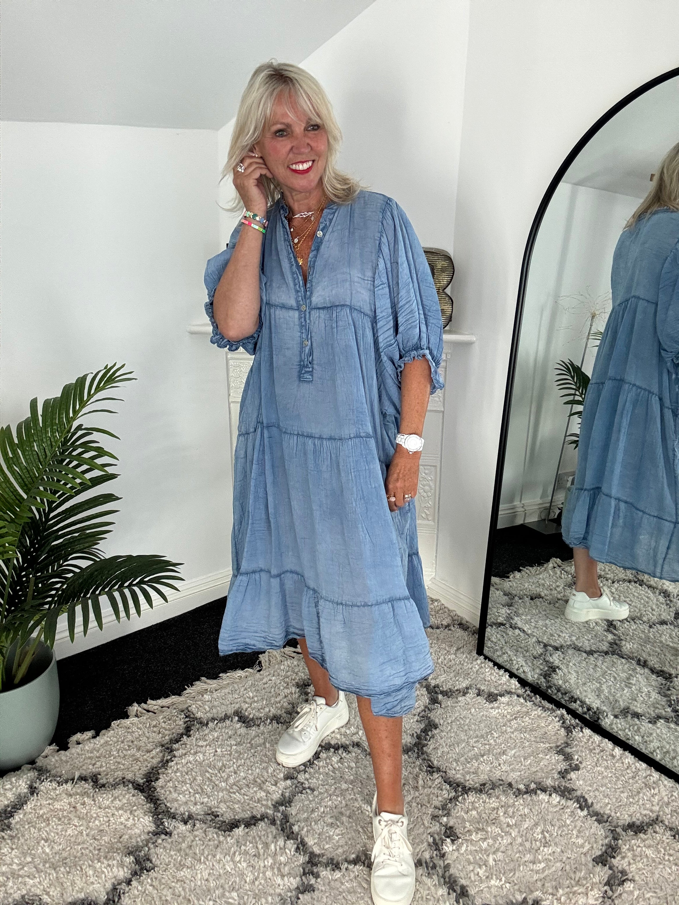 Oversized Cotton Tiered Dress in Vintage Blue