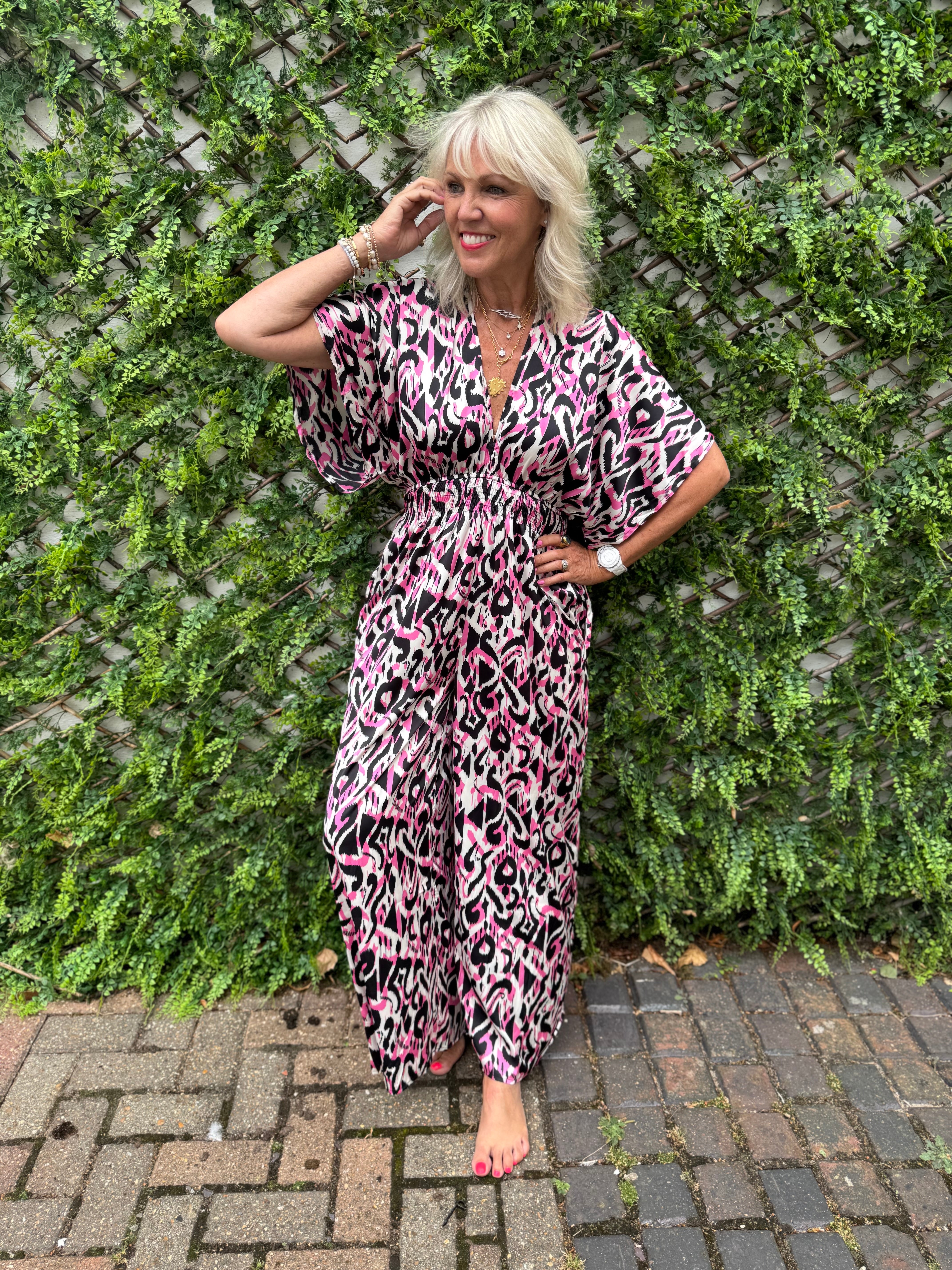 Silky Ikat Jumpsuit in Pink & Black