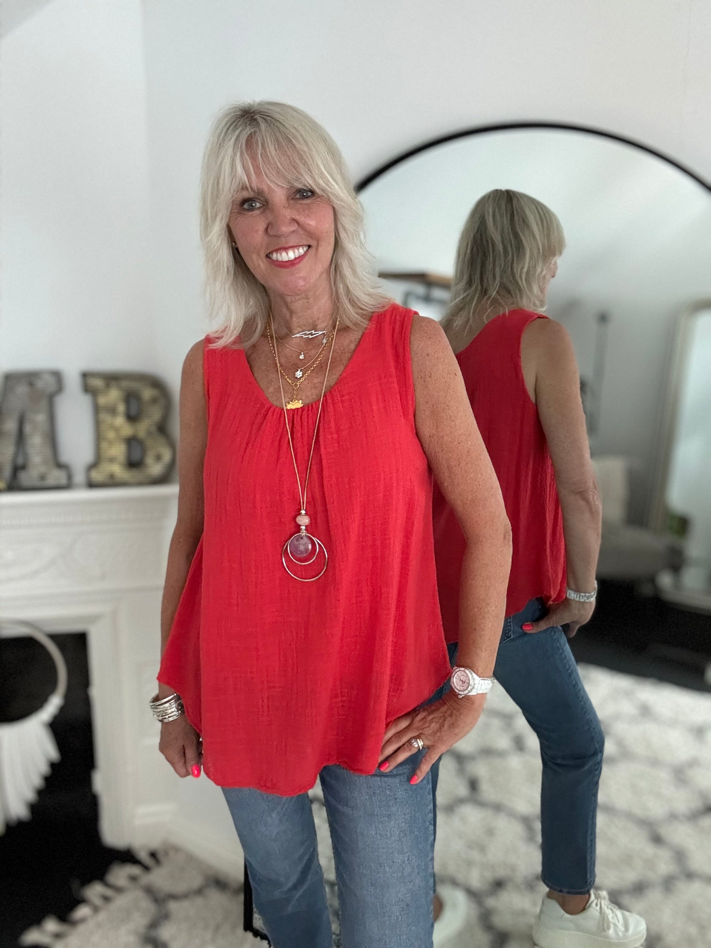 Cotton Top with Necklace in Red