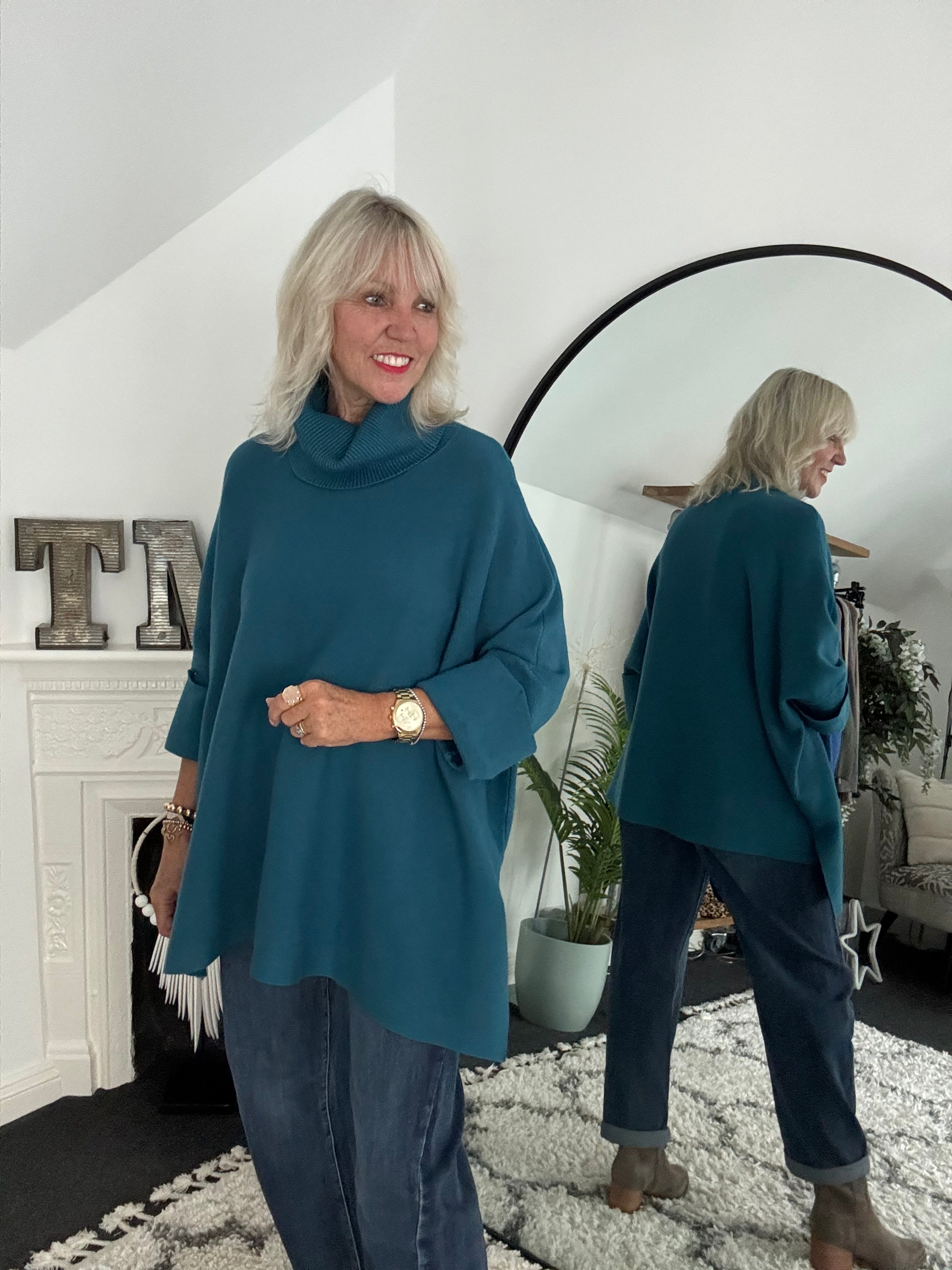 Oversized Roll Neck Poncho Jumper in Teal