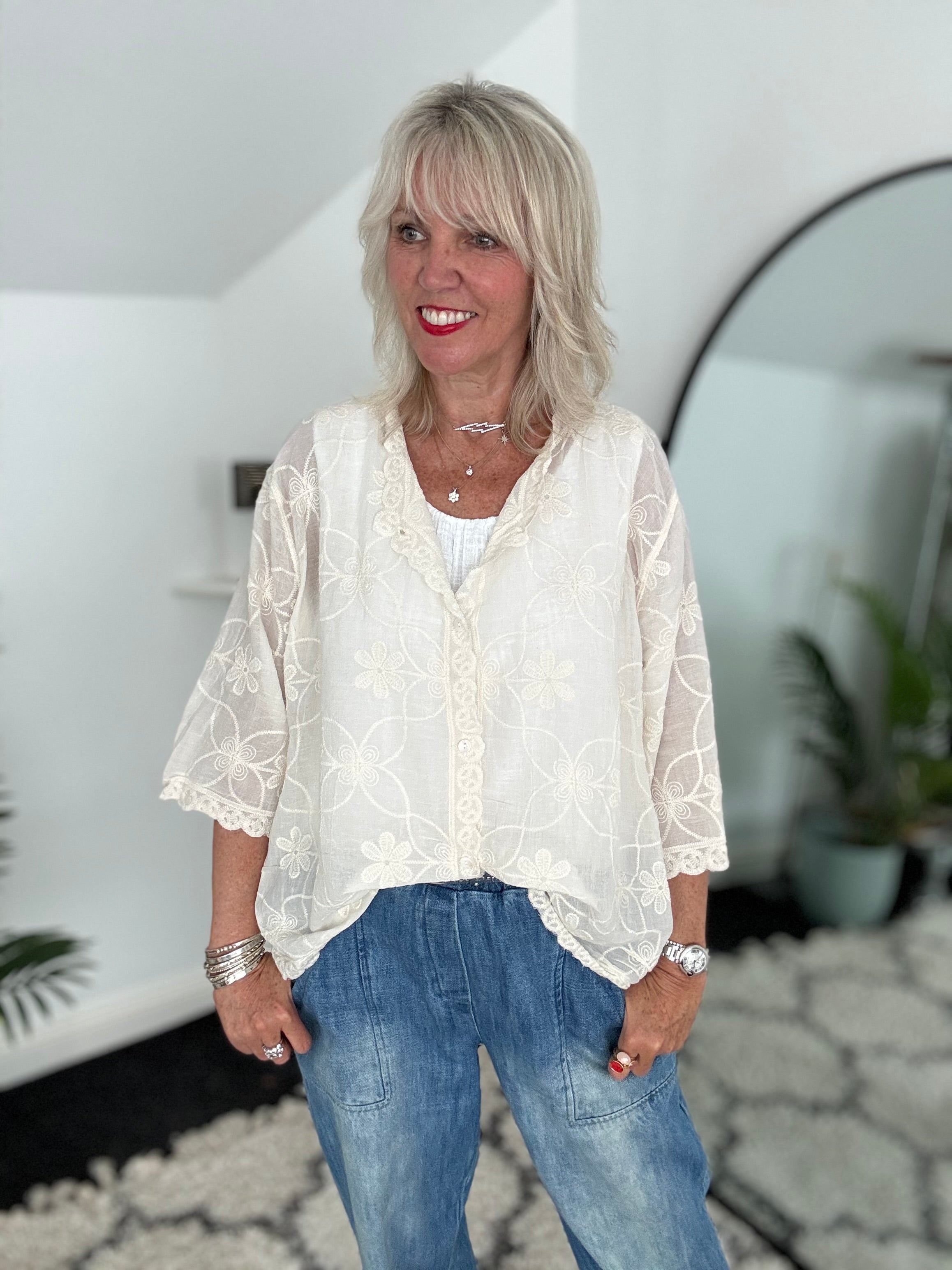 Buttoned Lace Top in Ecru