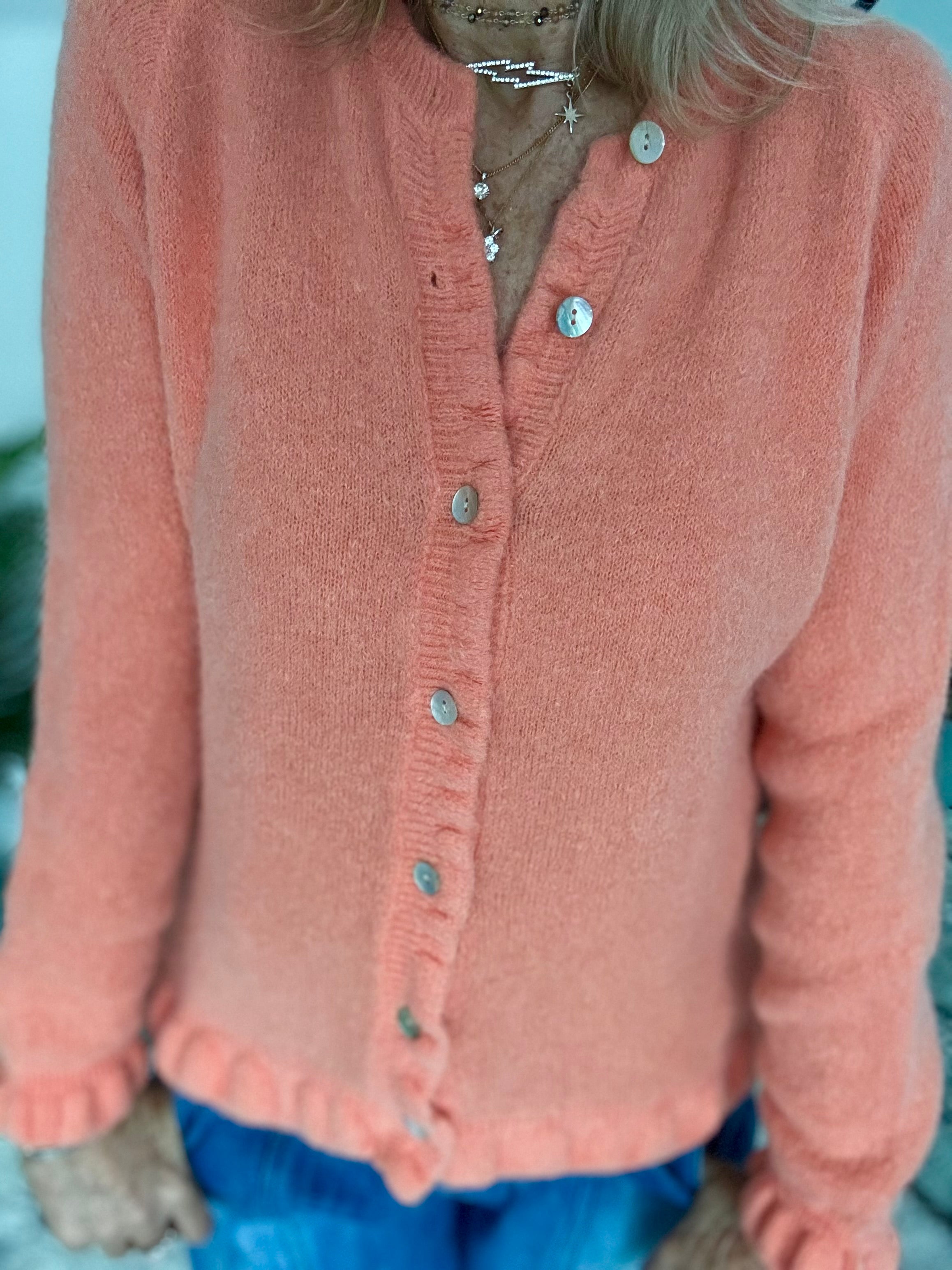 Alpaca Cardi with Frill Hems in Soft Tangerine