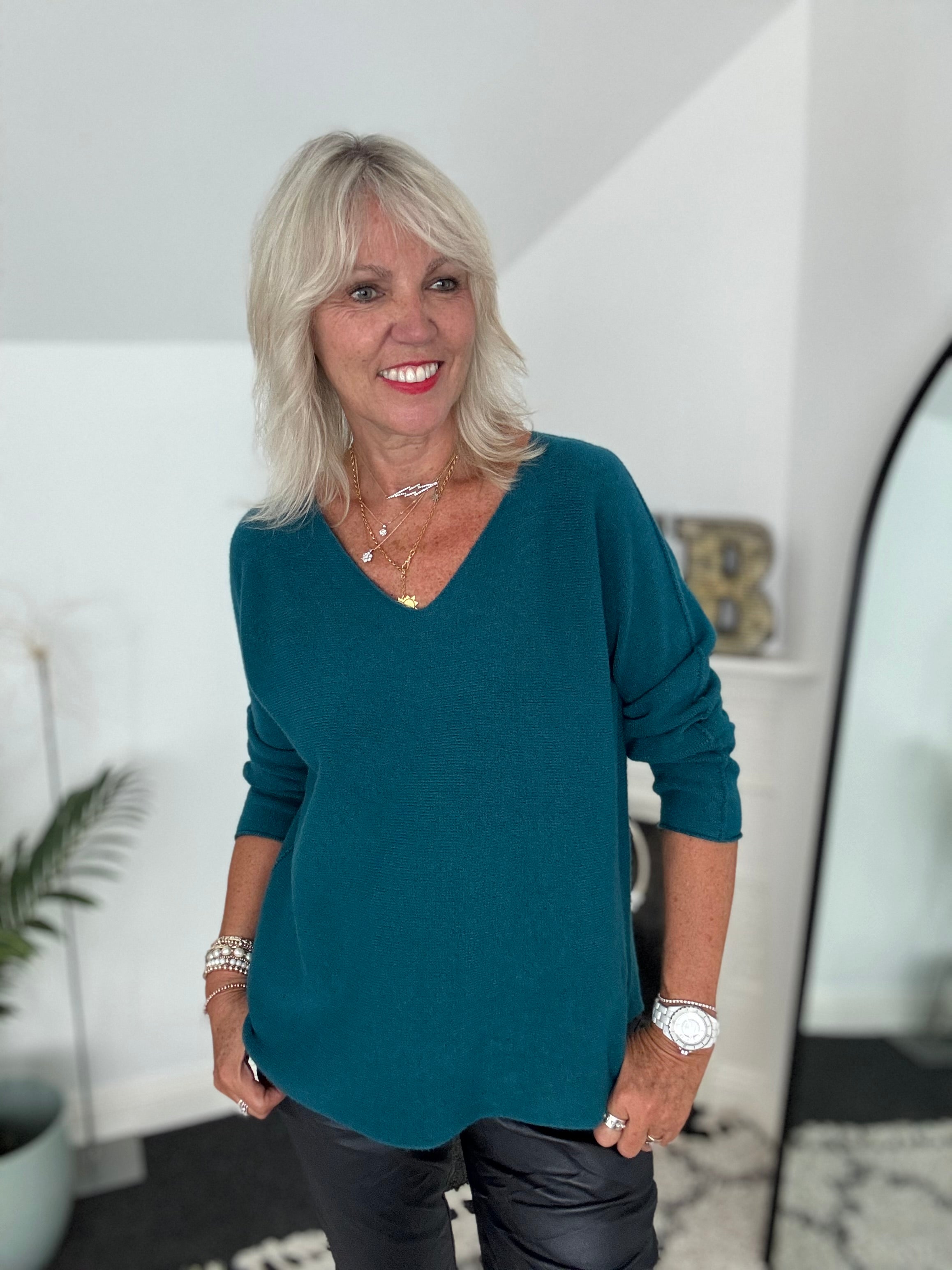 Simple V Neck Jumper in Teal