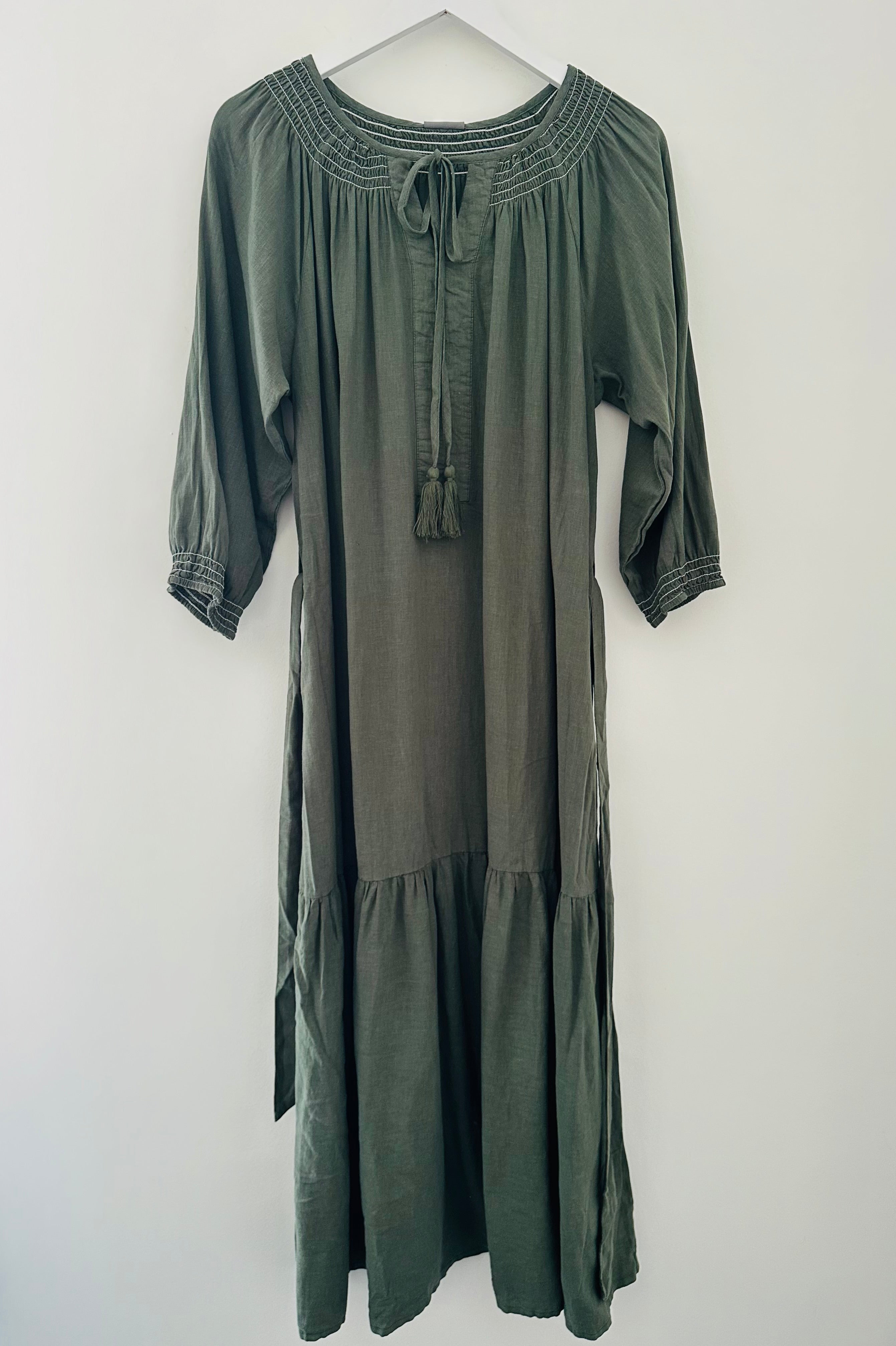 Linen Mix Midi Dress in Khaki