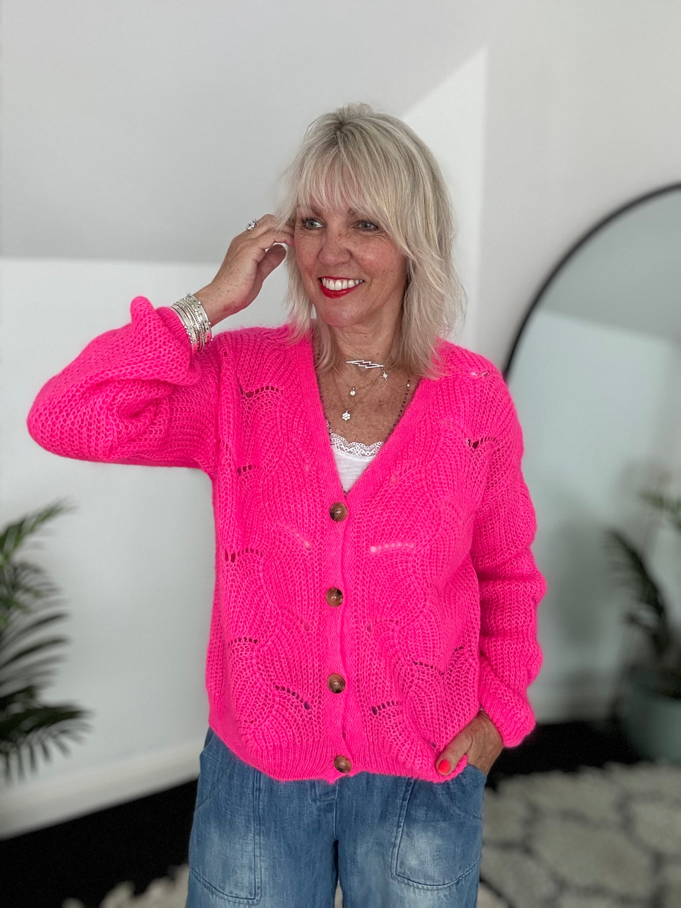 Lace Mohair Cardi in Neon Pink