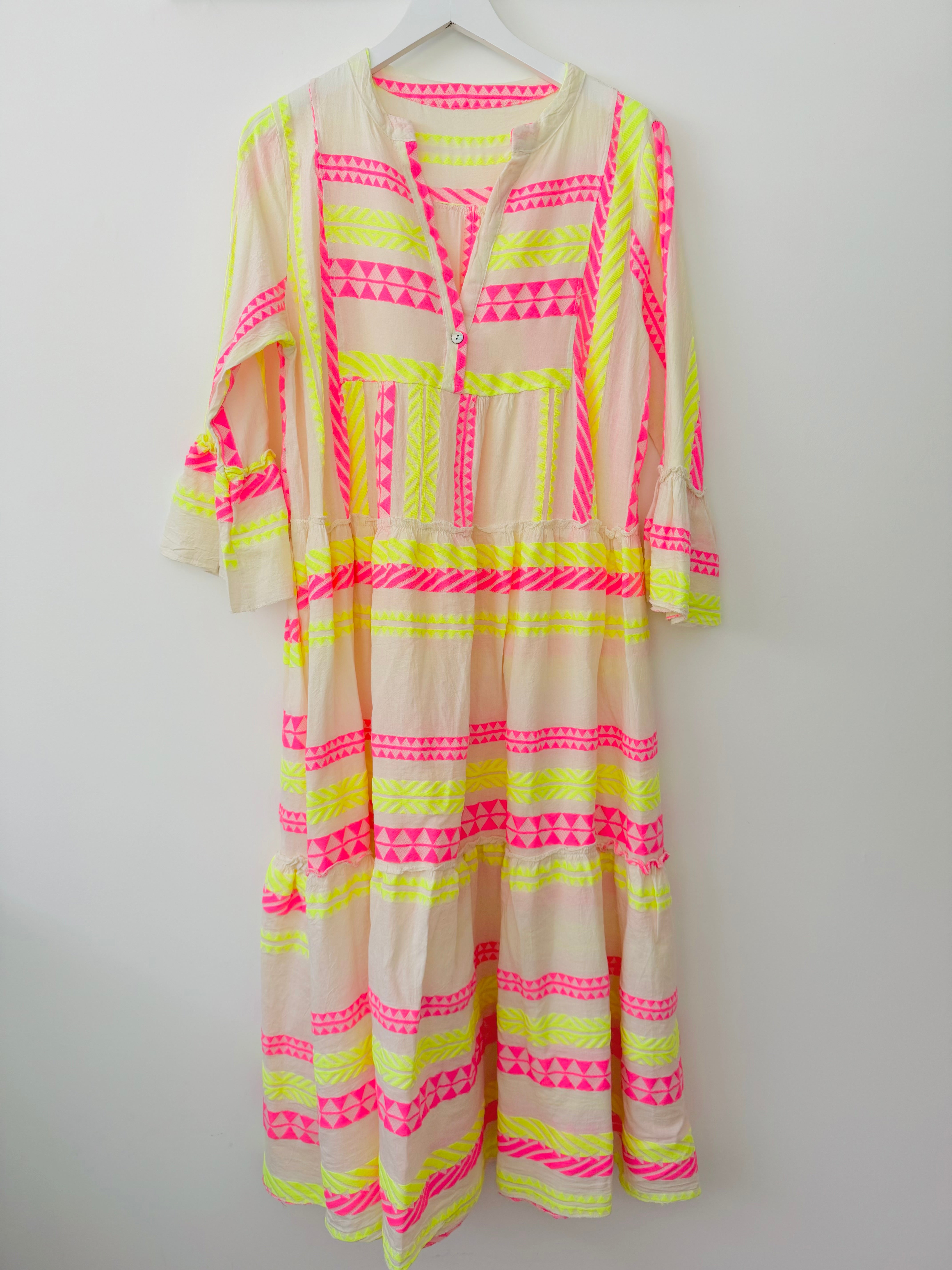Embroidered Midi Dress in Pink & Neon