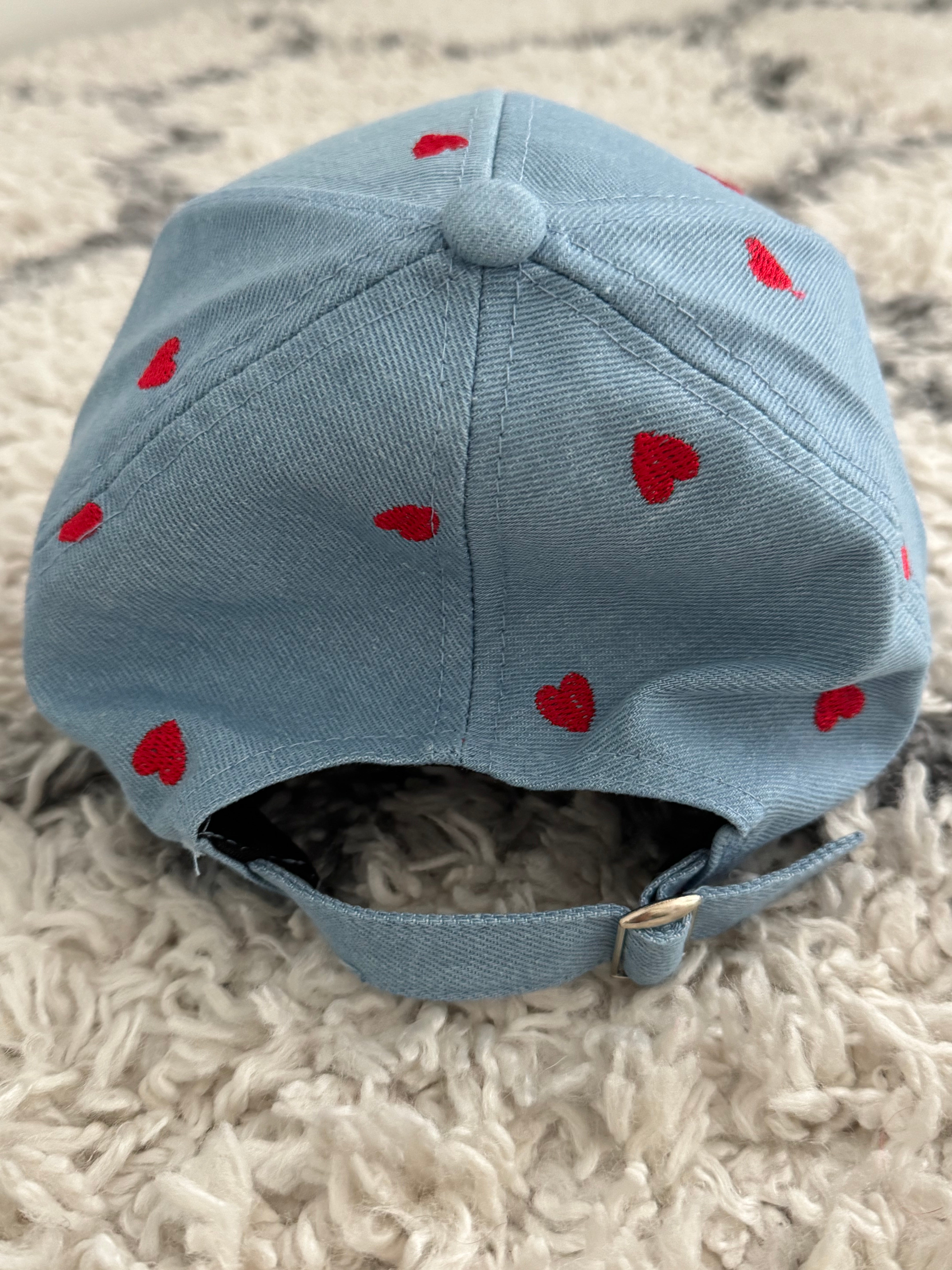 Denim Blue Cap with Red Hearts