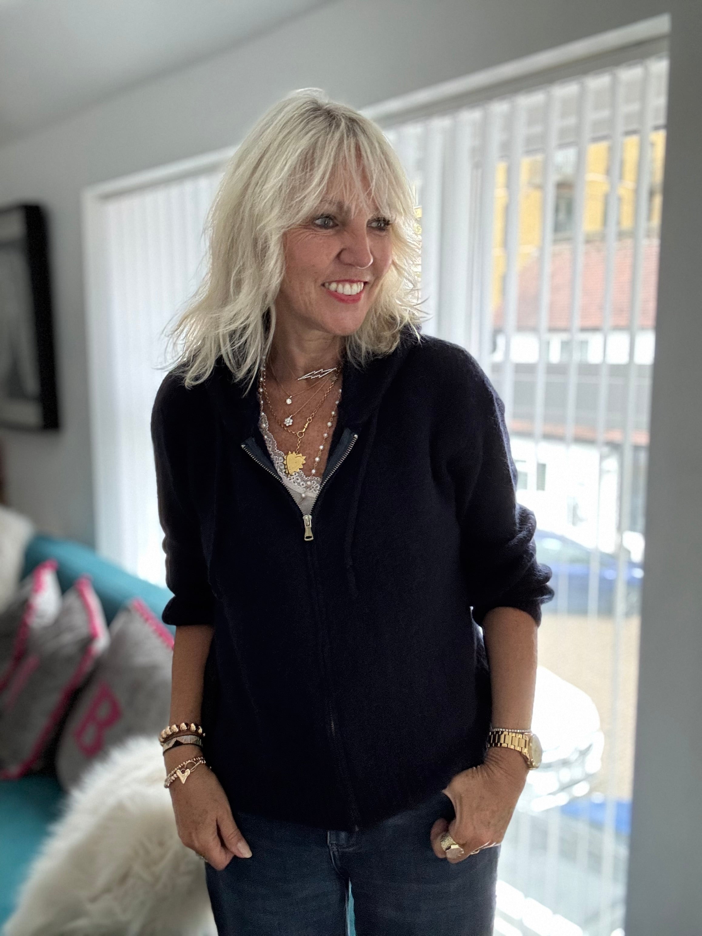 Hooded Zipped Mohair Jumper in Ink Blue