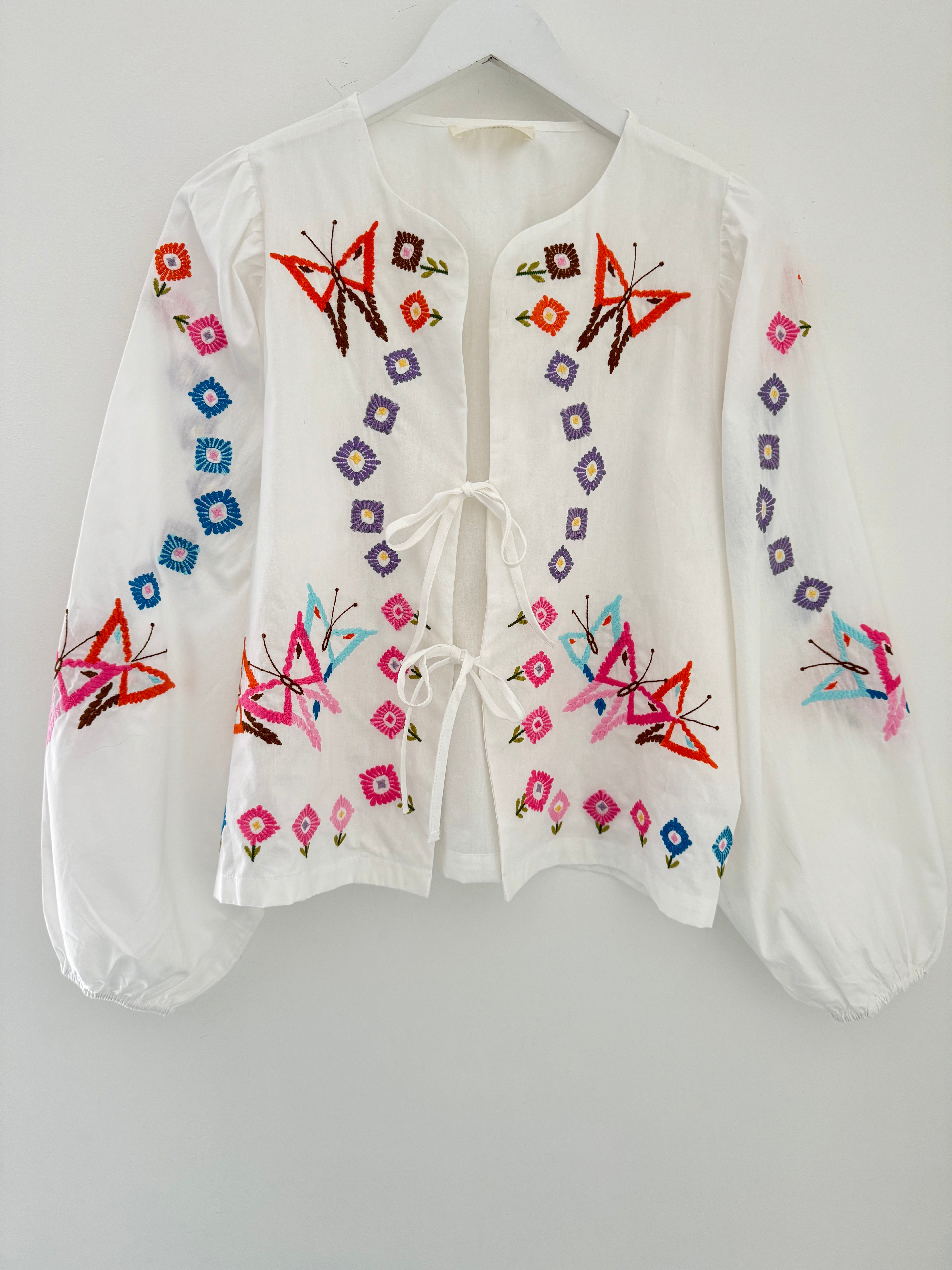 Embroidered Shirt Jacket with Tie Front