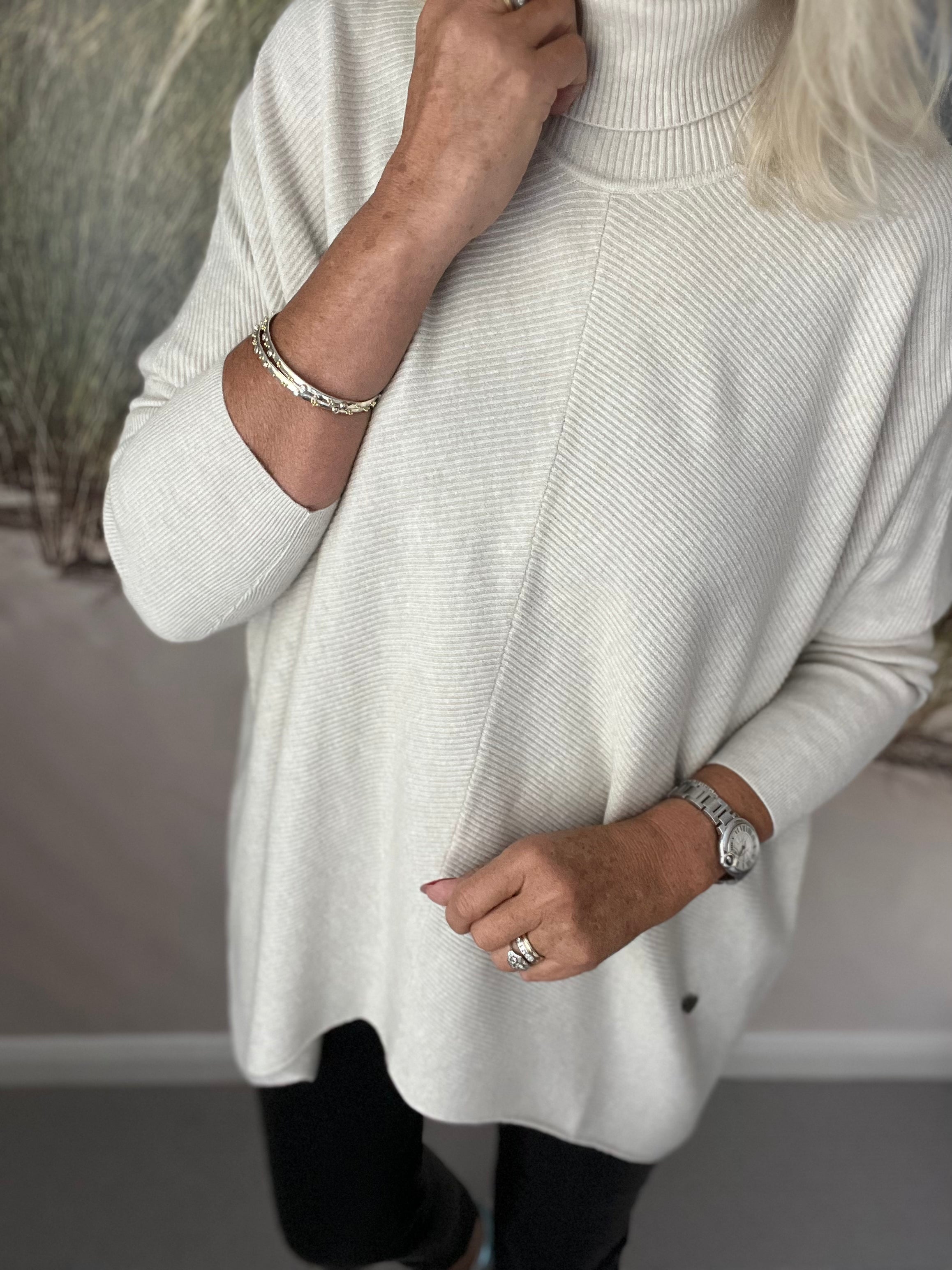 Fine Ribbed Roll Neck Poncho Jumper in Stone