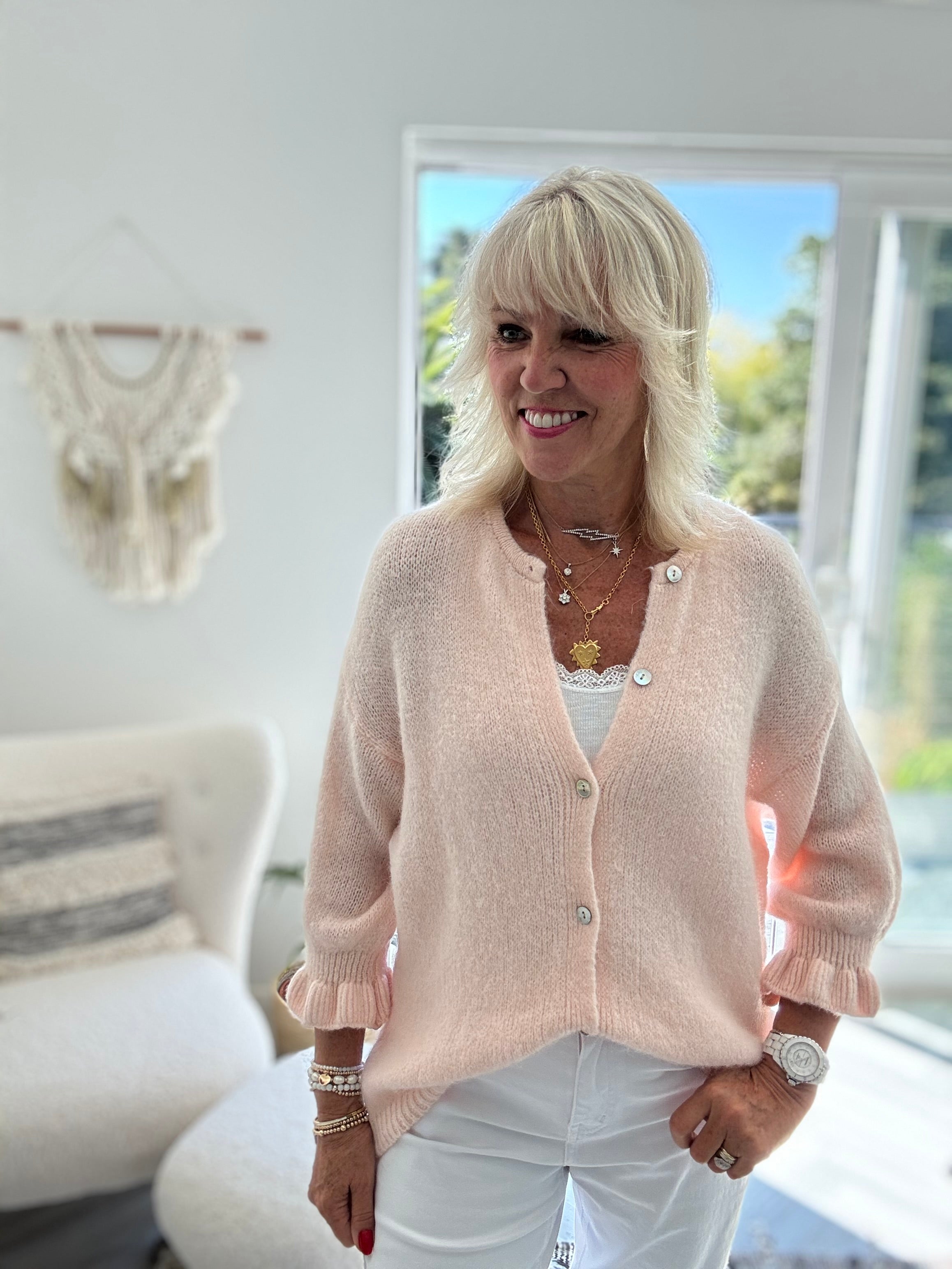 Alpaca Cardi with Frill Cuffs in Shell Pink
