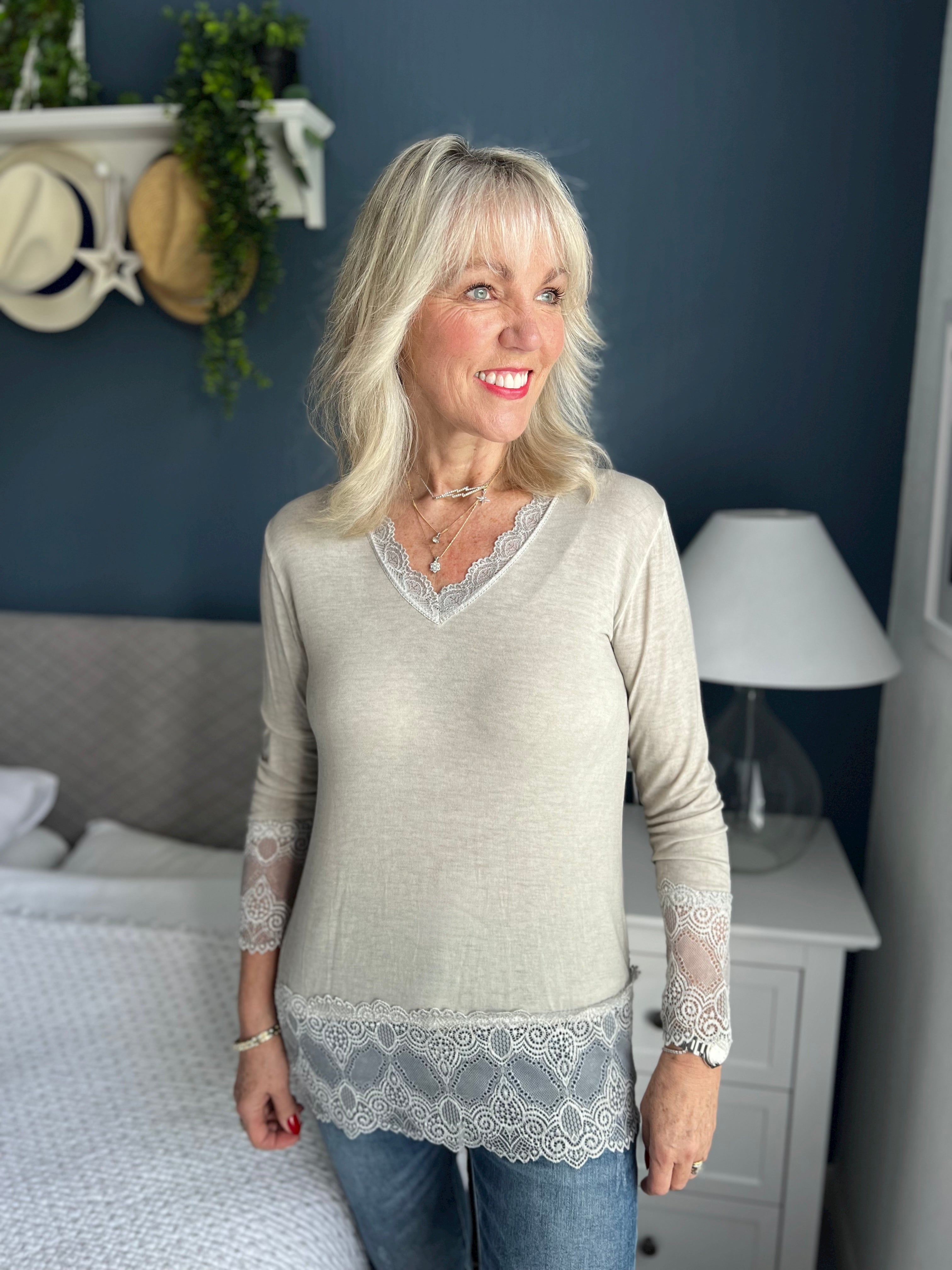 Luxe Base Top with Lace Trim in Pebble Grey