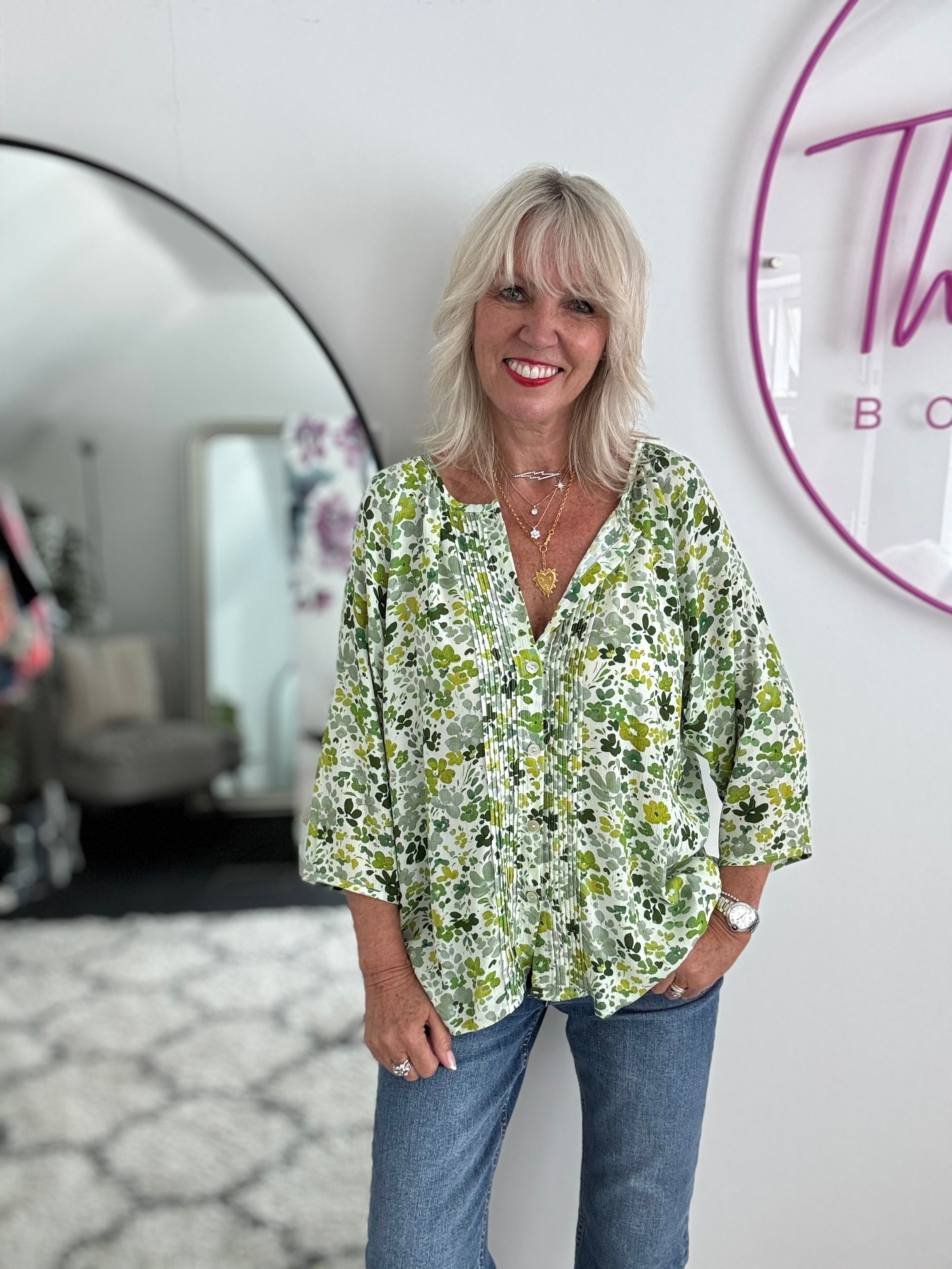 Pintuck Ditsy Blouse in Green & Lime