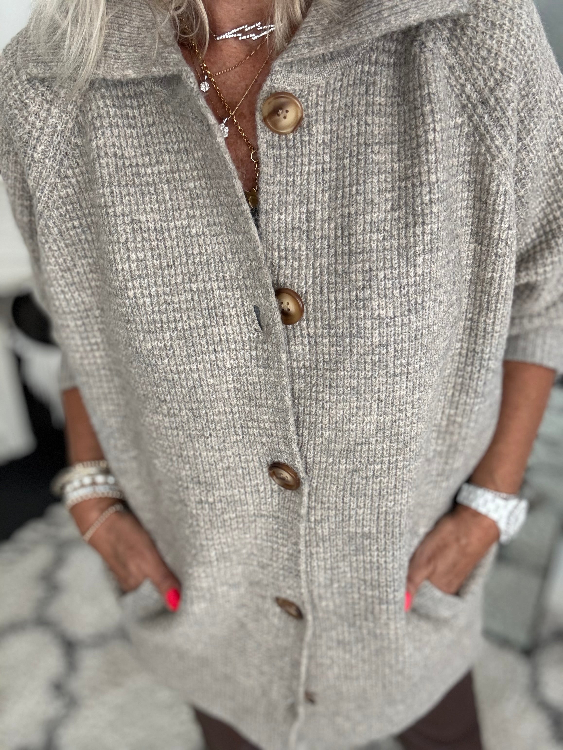 Fisherman Rib Knitted Jacket in Stone