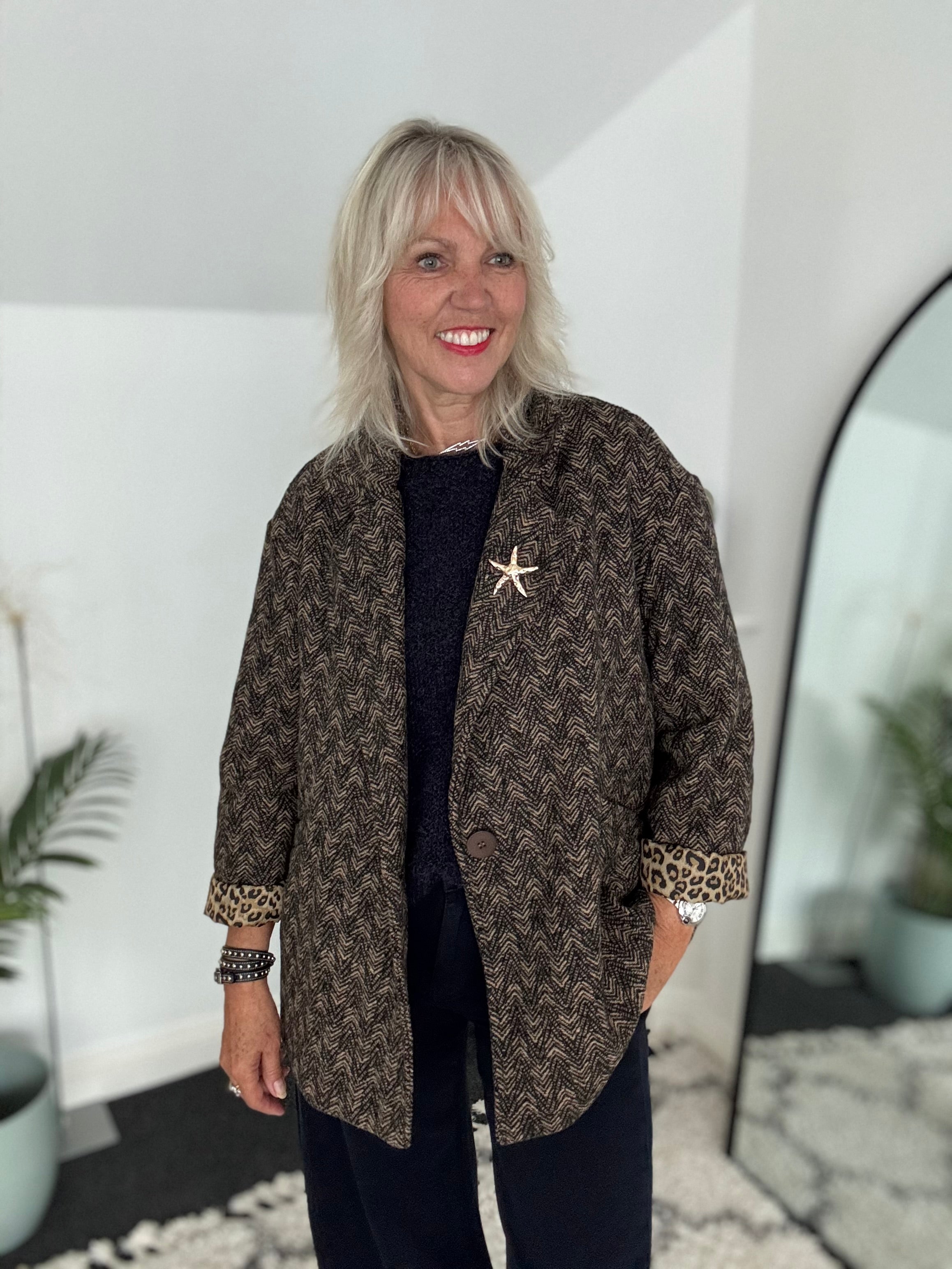 Tweed Boyfriend Jacket with Leopard Lining
