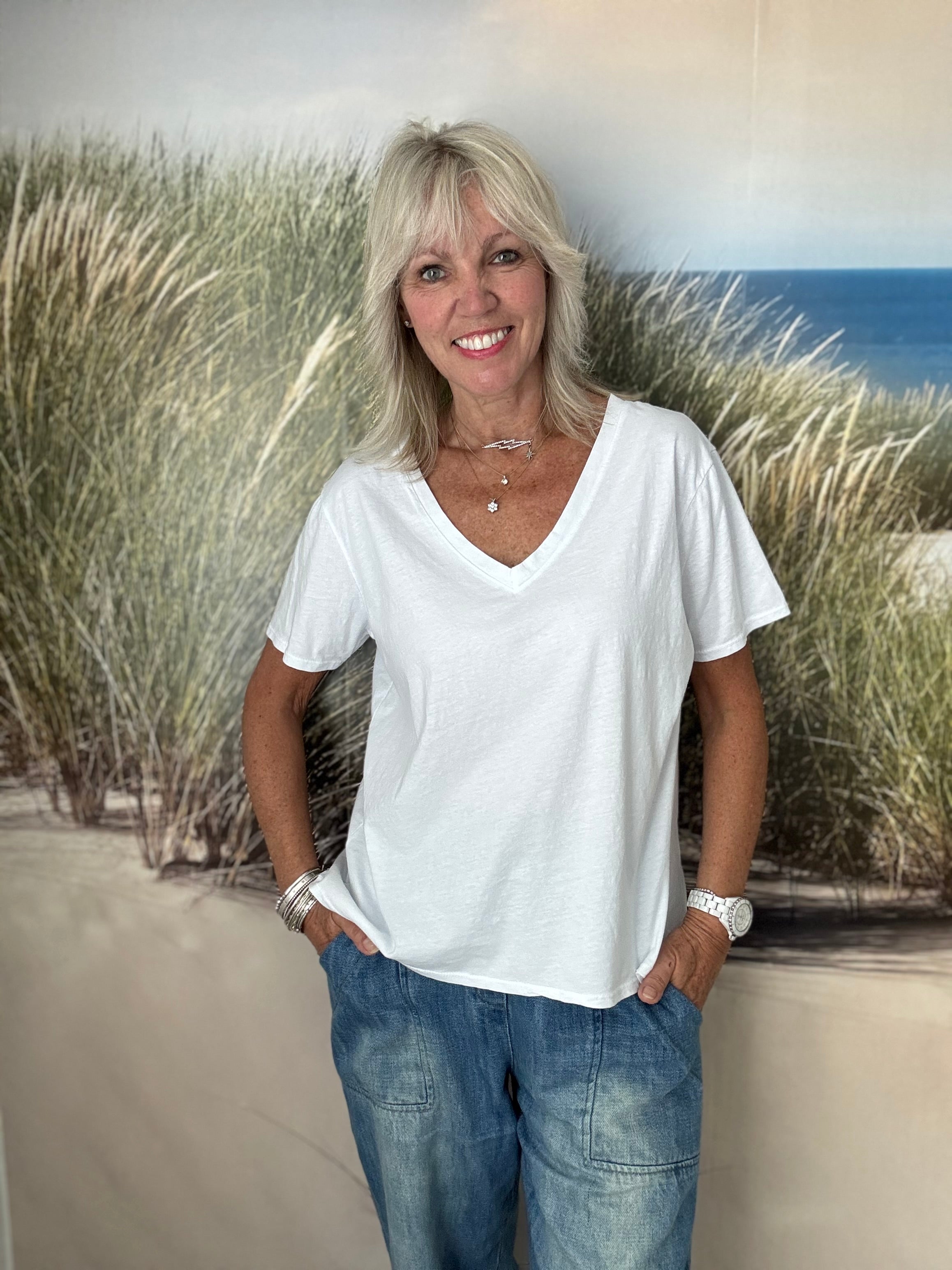Cotton V Neck Tee in White
