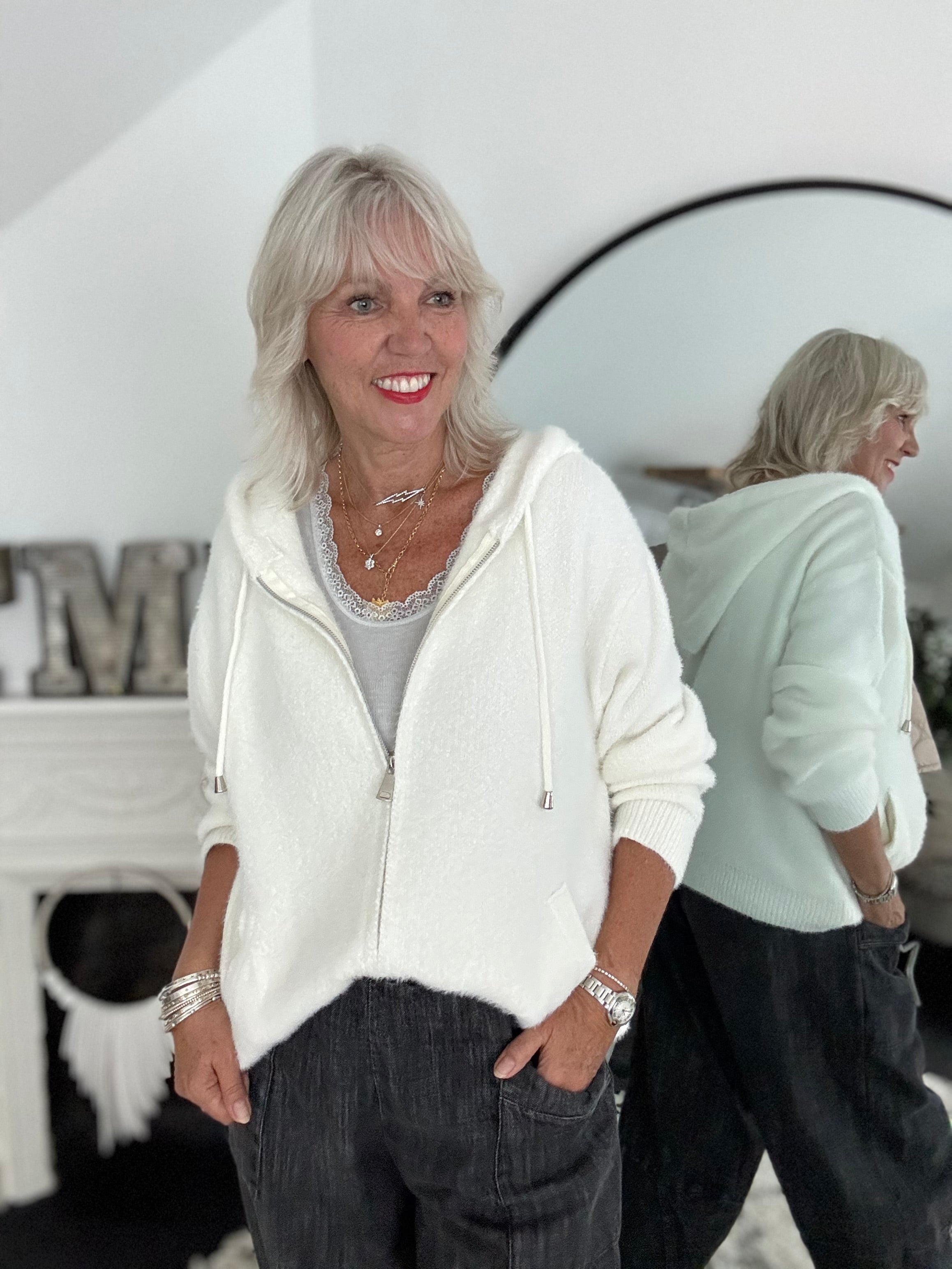 Soft Hooded Knit with Pockets in Ivory