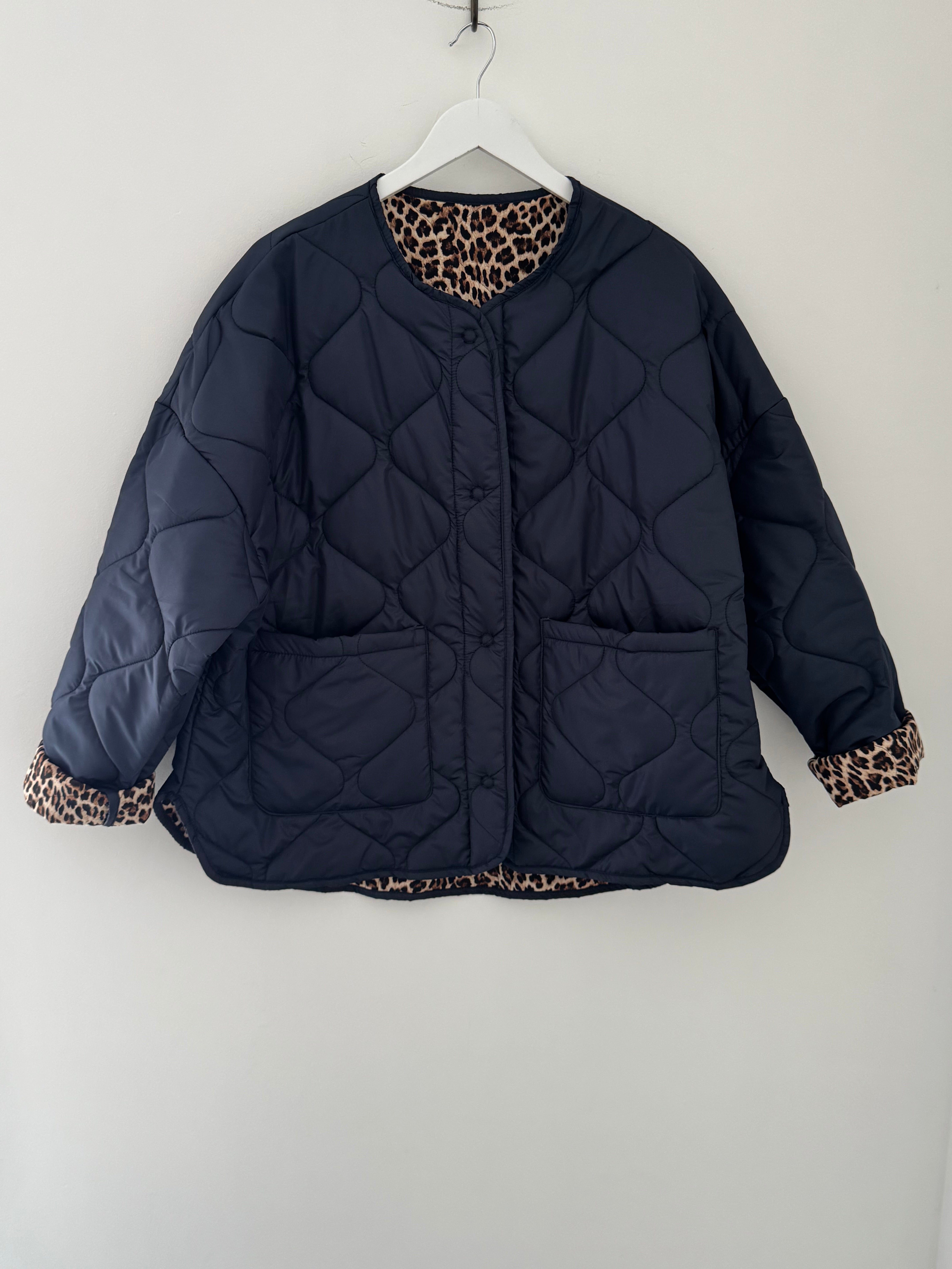 Reversible Quilted Jacket in Navy & Leopard