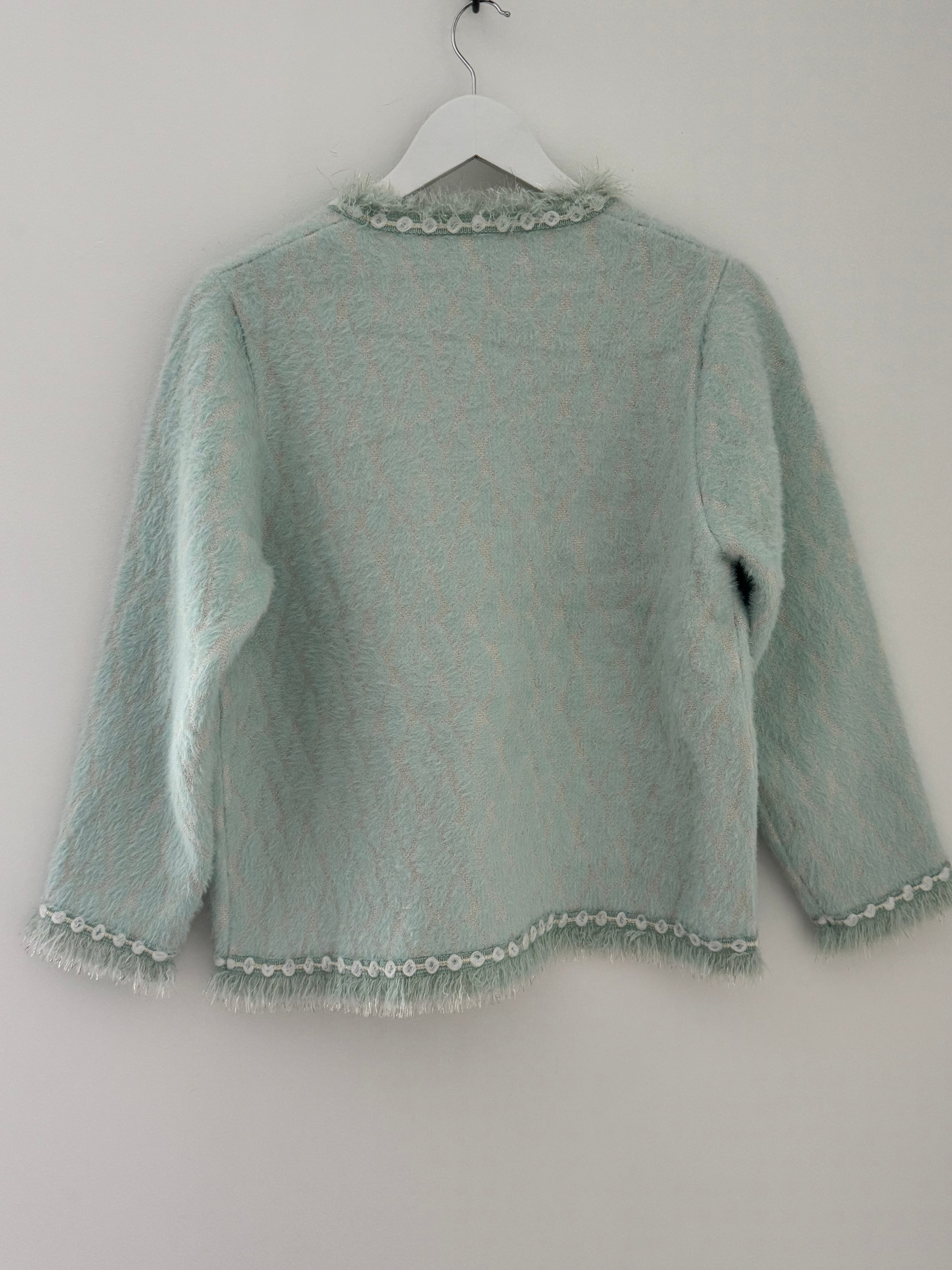 Flower Button & Tweed Cardi Jacket in Aqua
