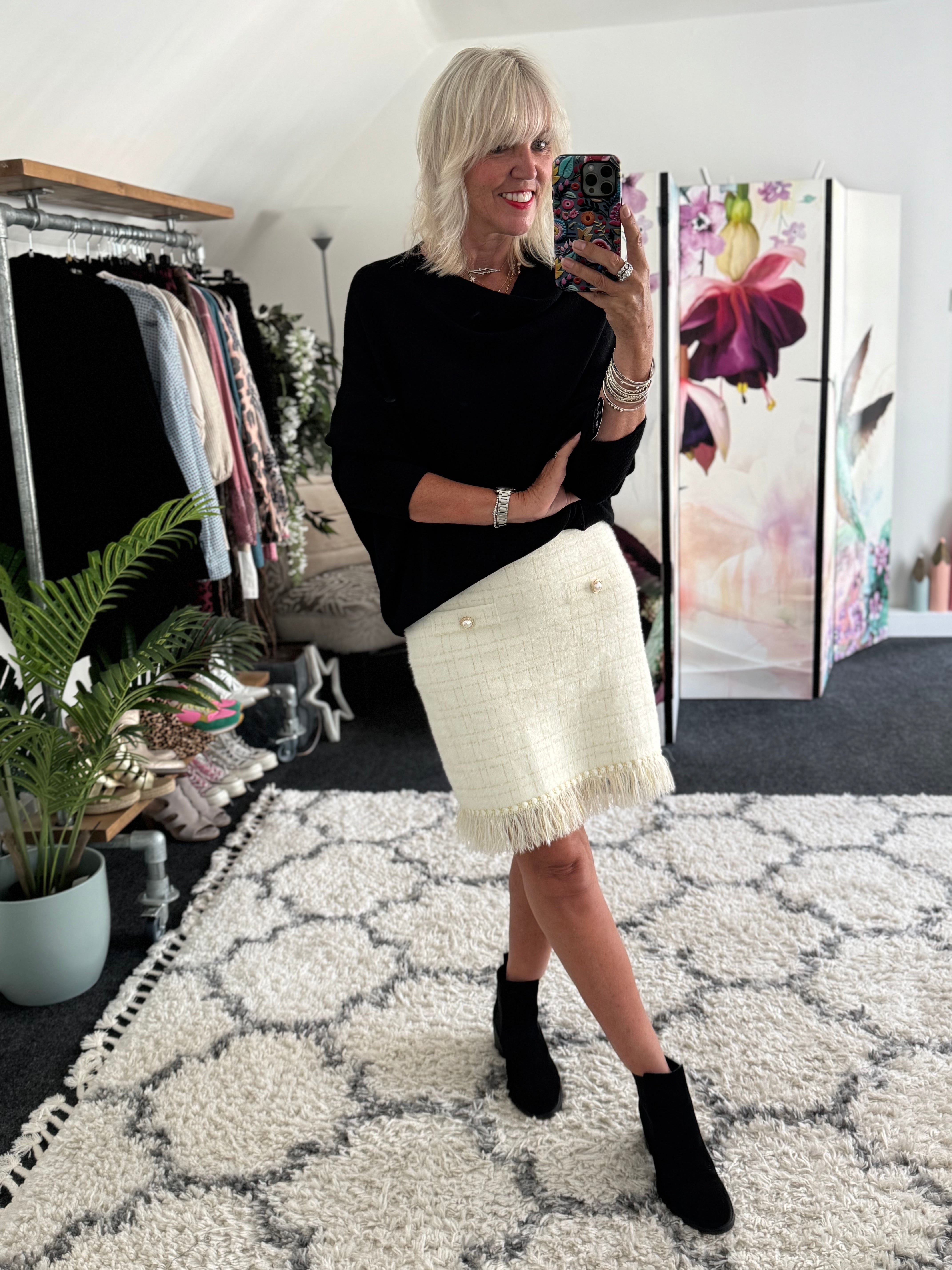 Pearl Button & Tweed Skirt in Ivory