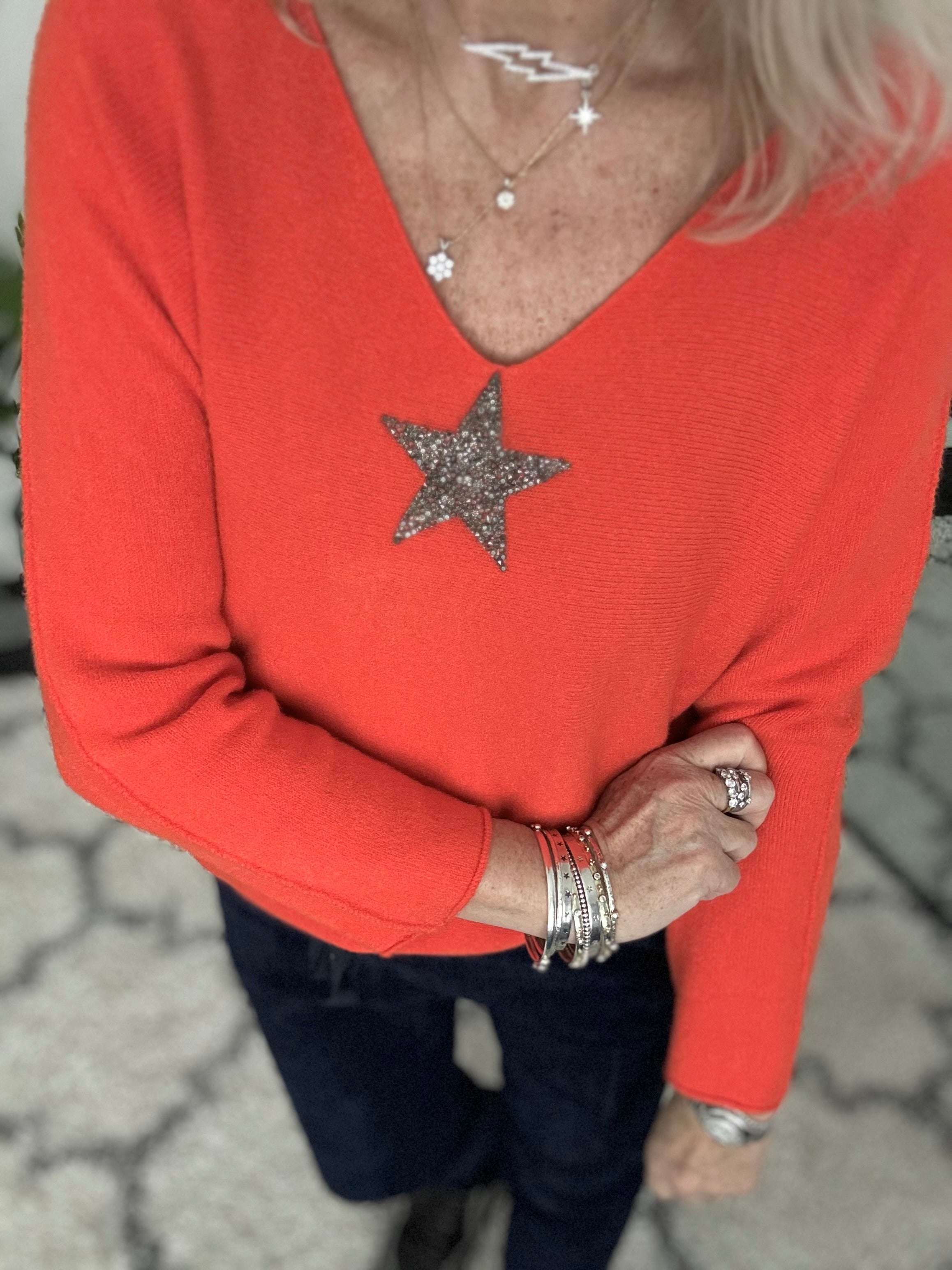 V Neck Glitter Star Jumper in Orange