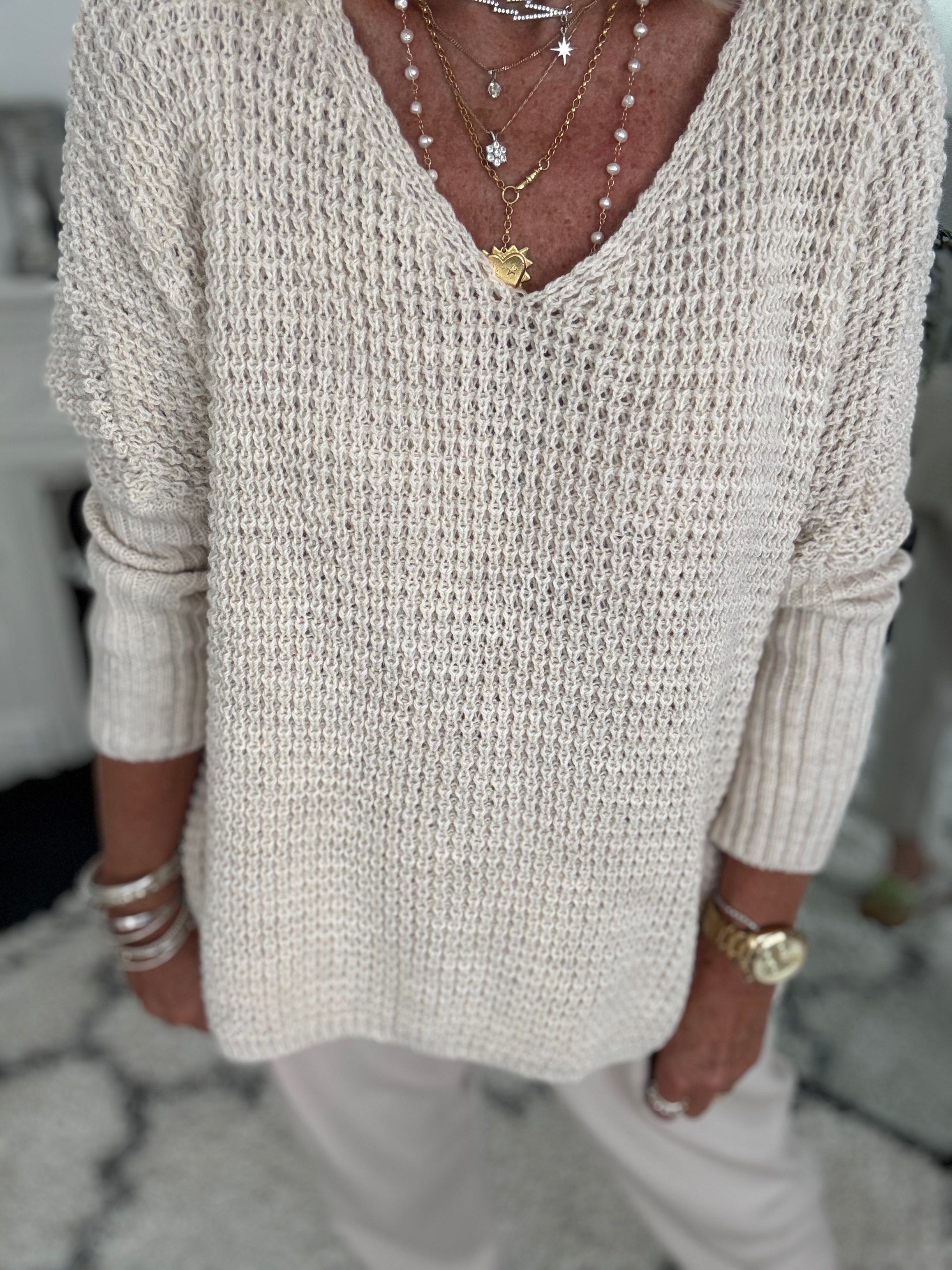 V Neck Waffle Knit in Ecru