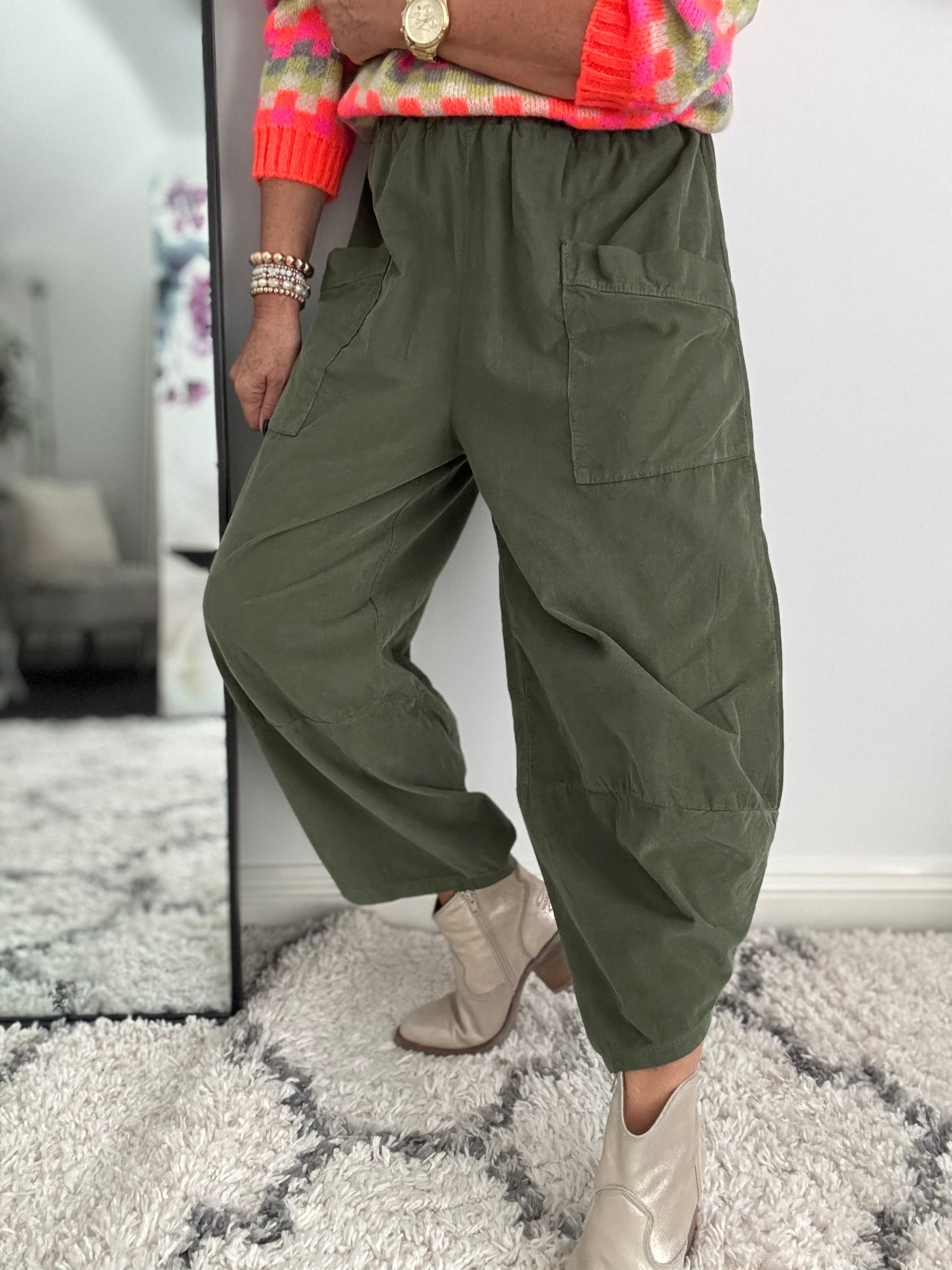 Cord Barrel Leg Trousers in Khaki