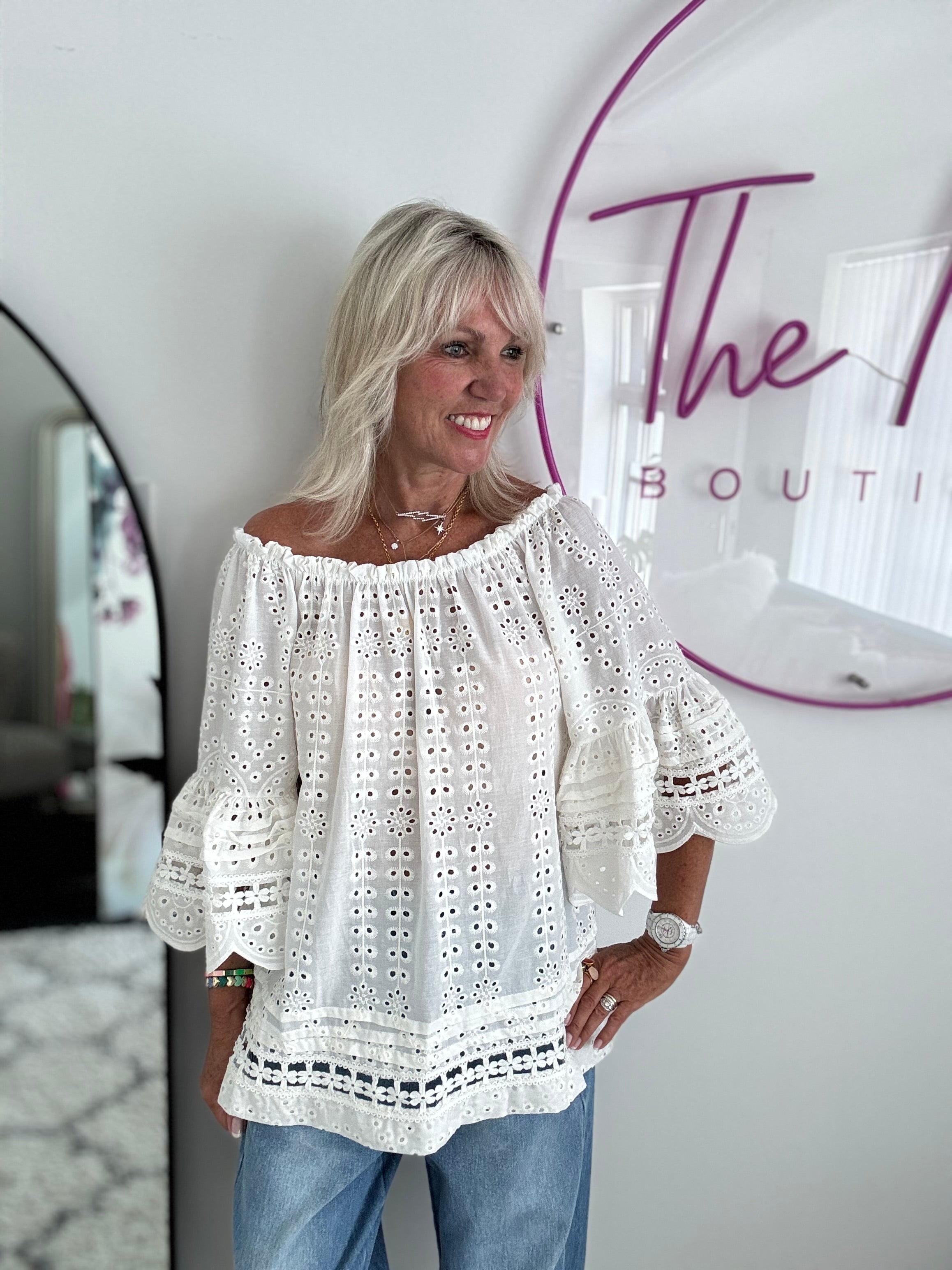 Designer Broderie Anglaise Top in Ivory