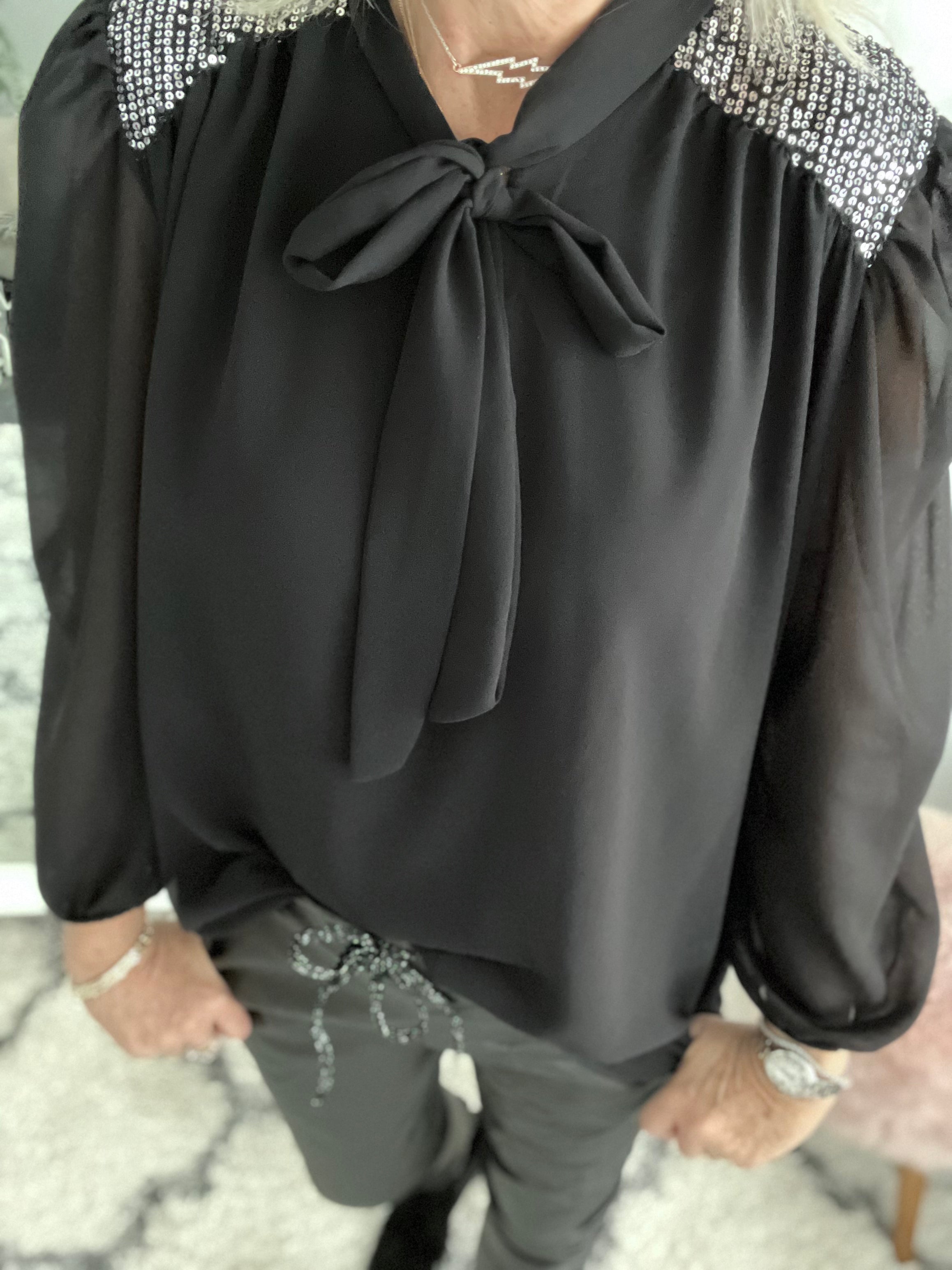 Tie Neck & Sequin Blouse in Black