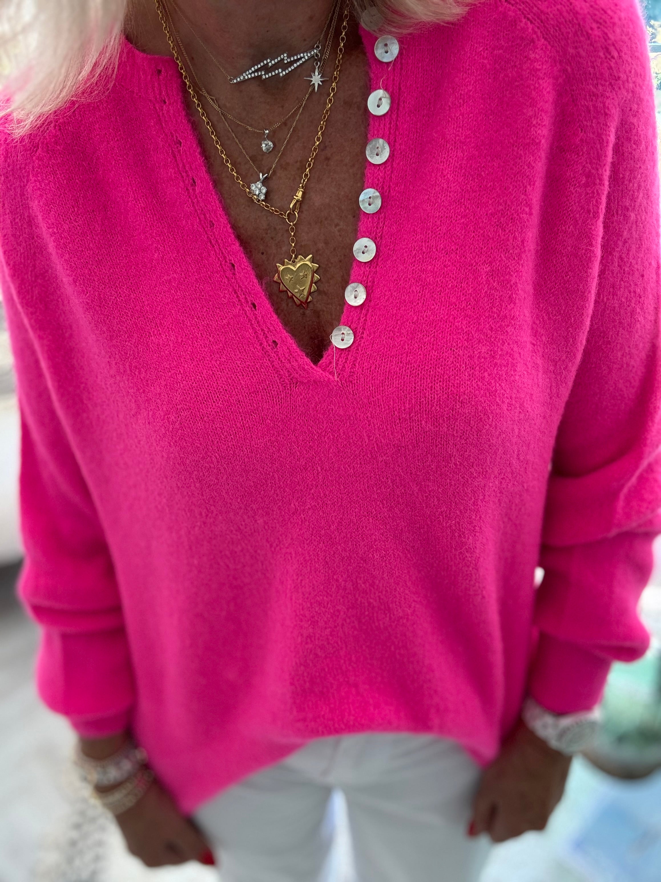 Softie Jumper with Button Neck in Neon Pink