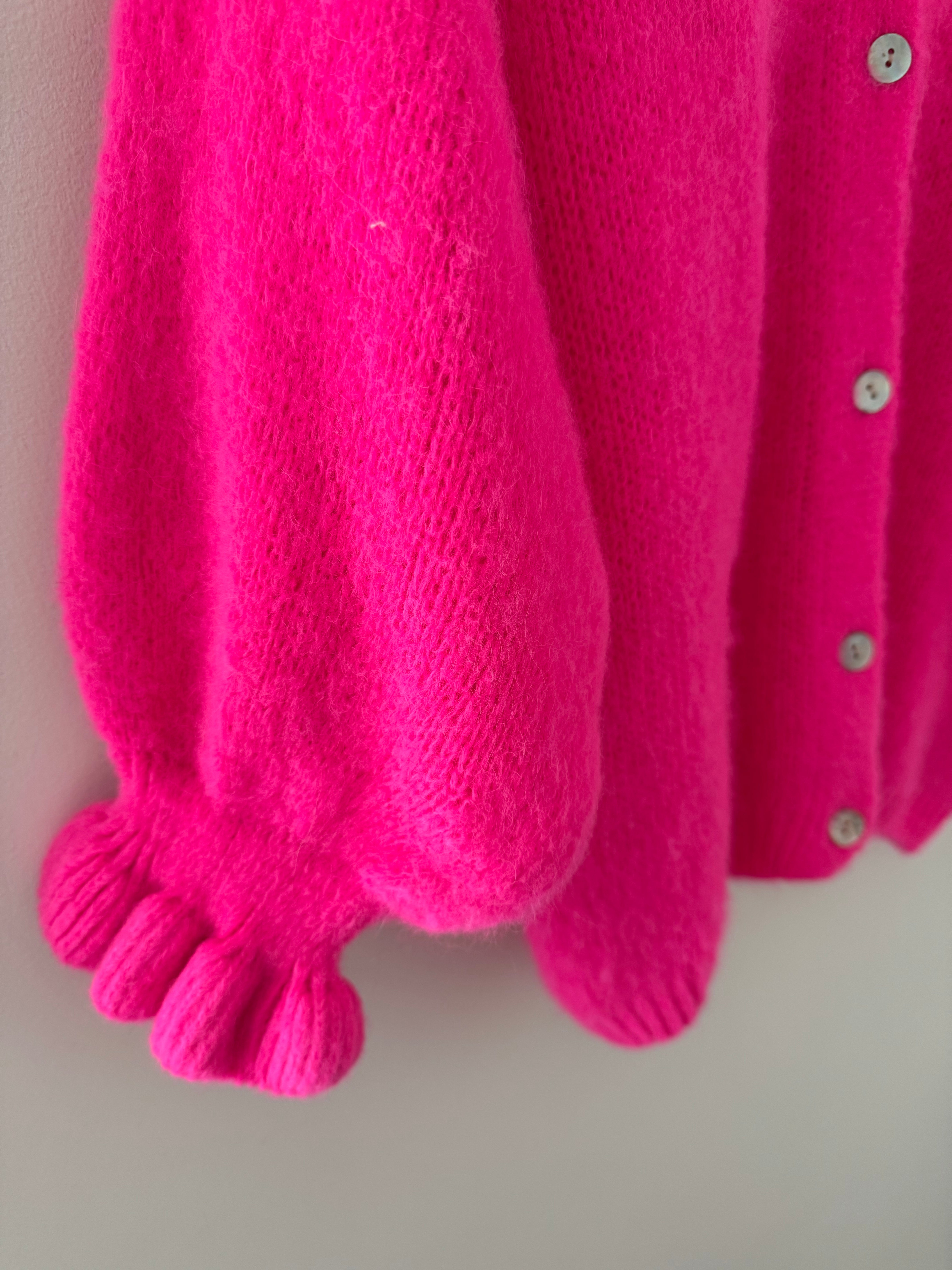 Alpaca Cardi with Frill Cuffs in Neon Pink