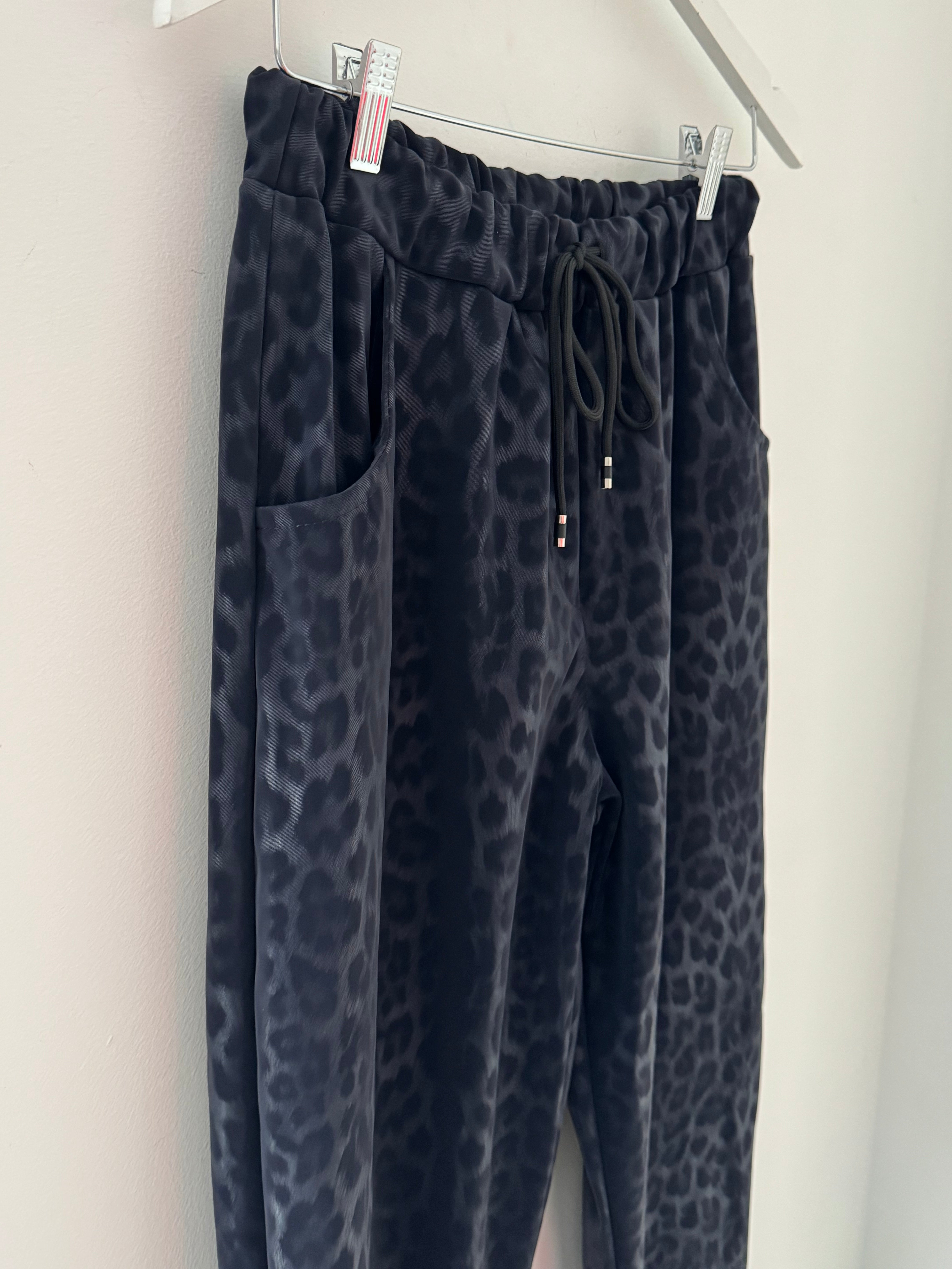 Faux Leather Leopard Print Joggers in Ink